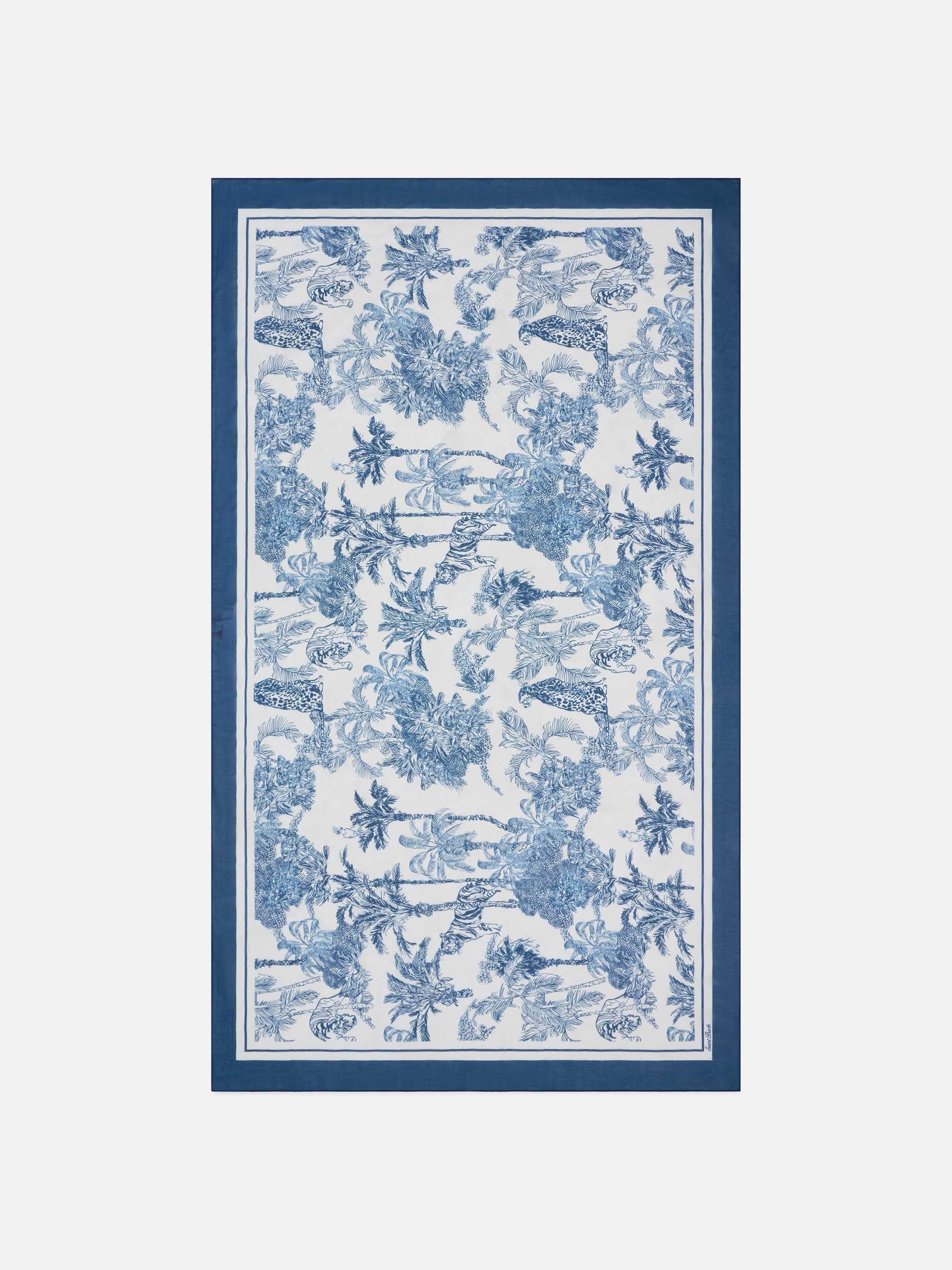 Thaiti long pareo in silk blend with blue toile de jouy print