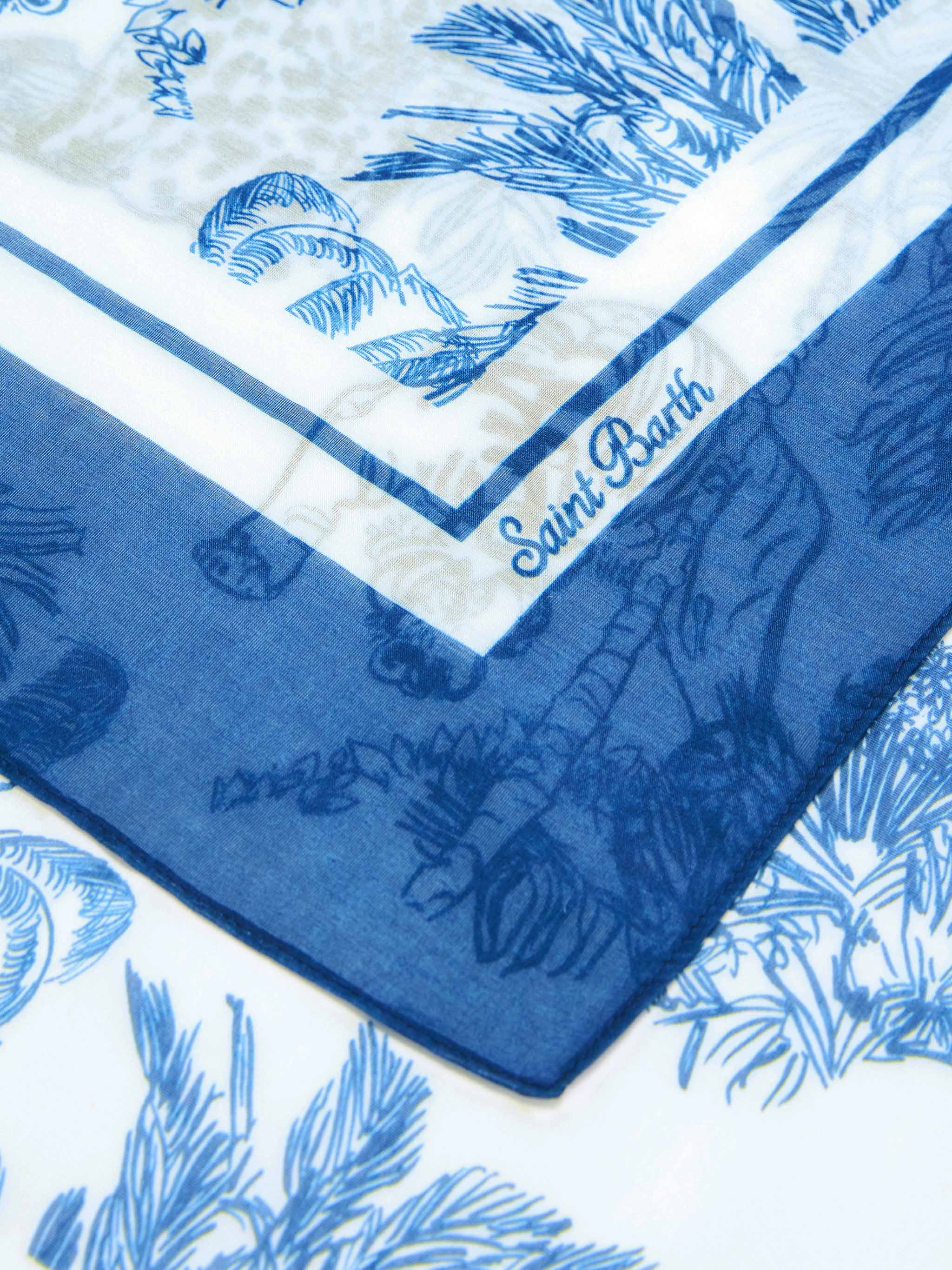 Thaiti long pareo in silk blend with blue toile de jouy print - Image 3