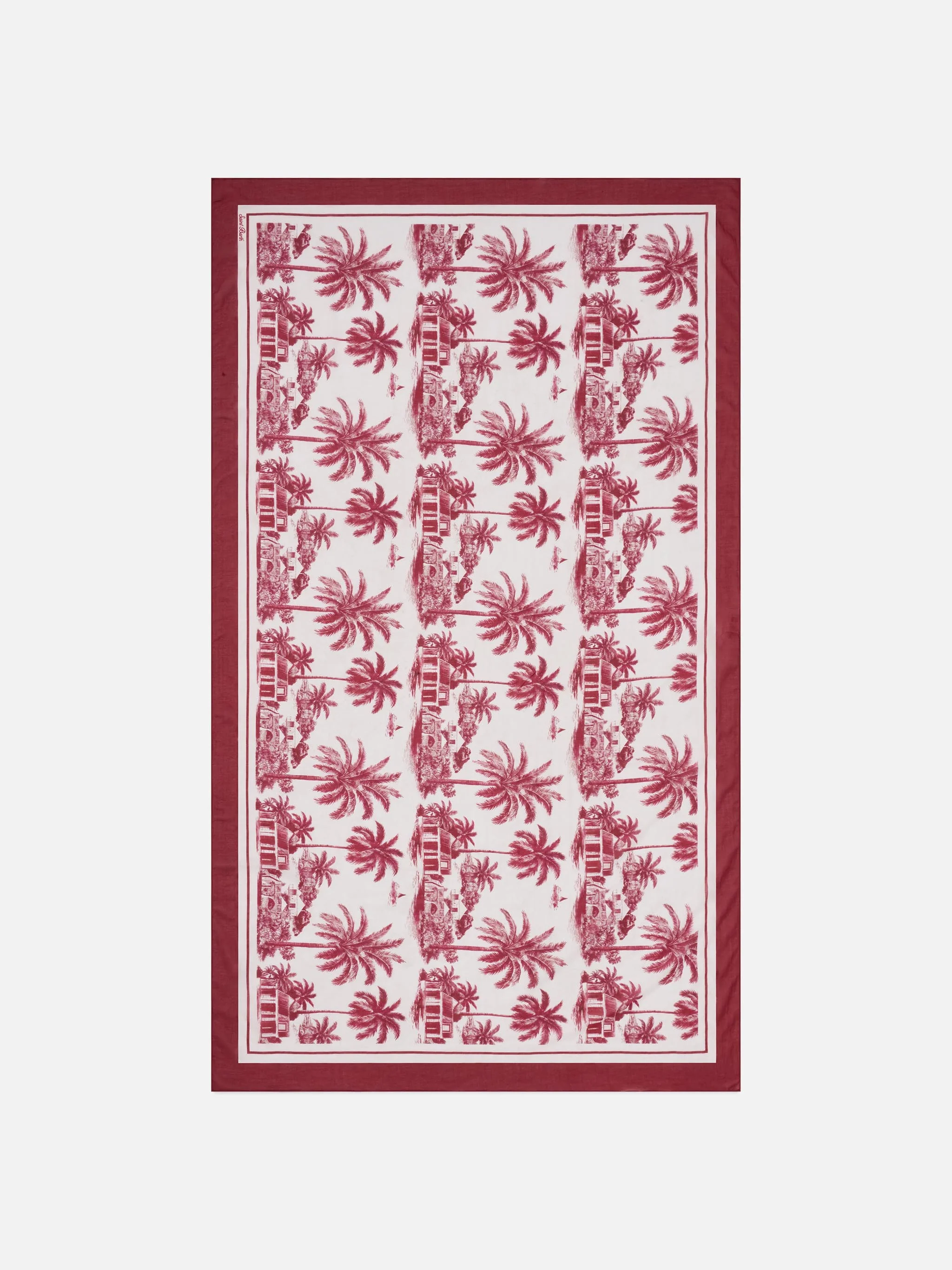Thaiti long pareo in silk blend with burgundy toile de jouy print