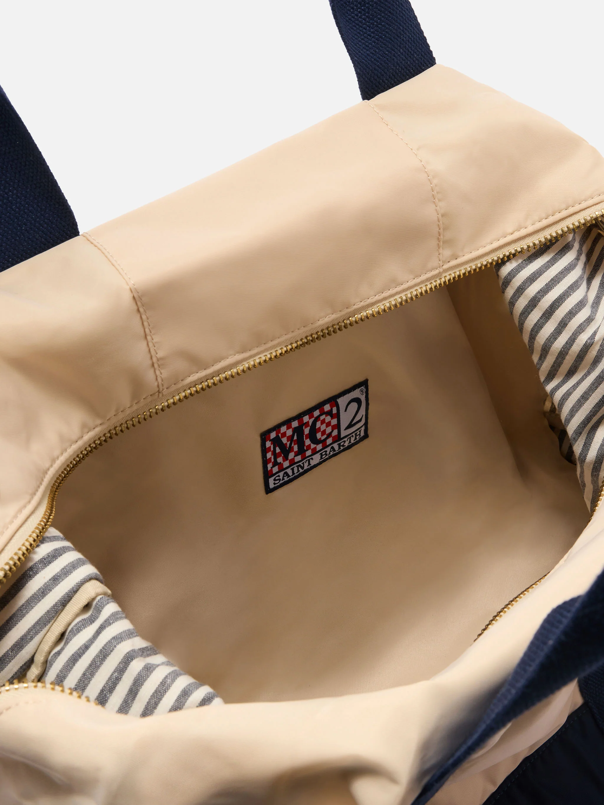 Travel Bag cream and blue nylon weekender with embroidered logo - Image 5