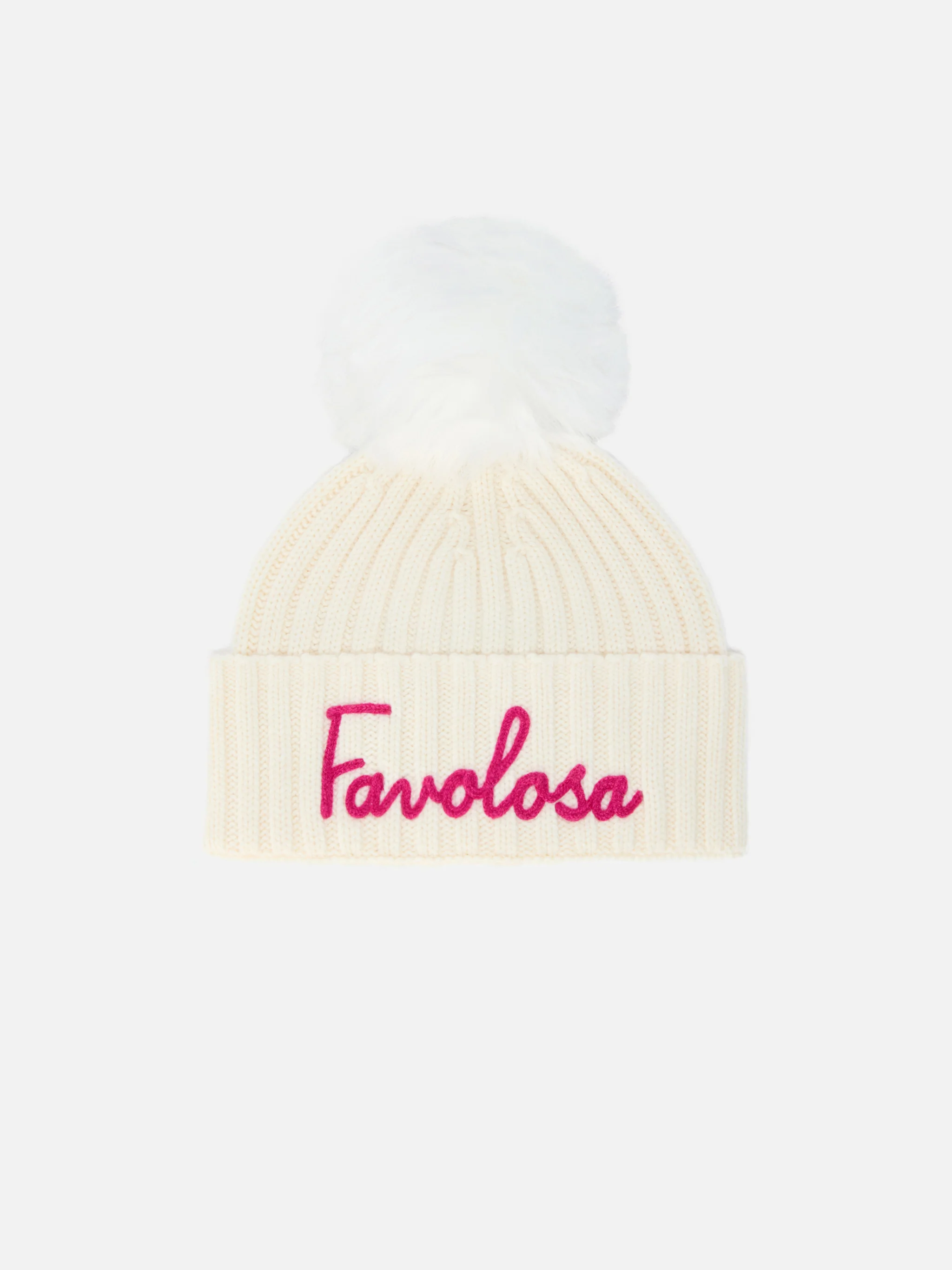 Wengen Jr F beanie in cashmere blend in white with Favolosa embroidery