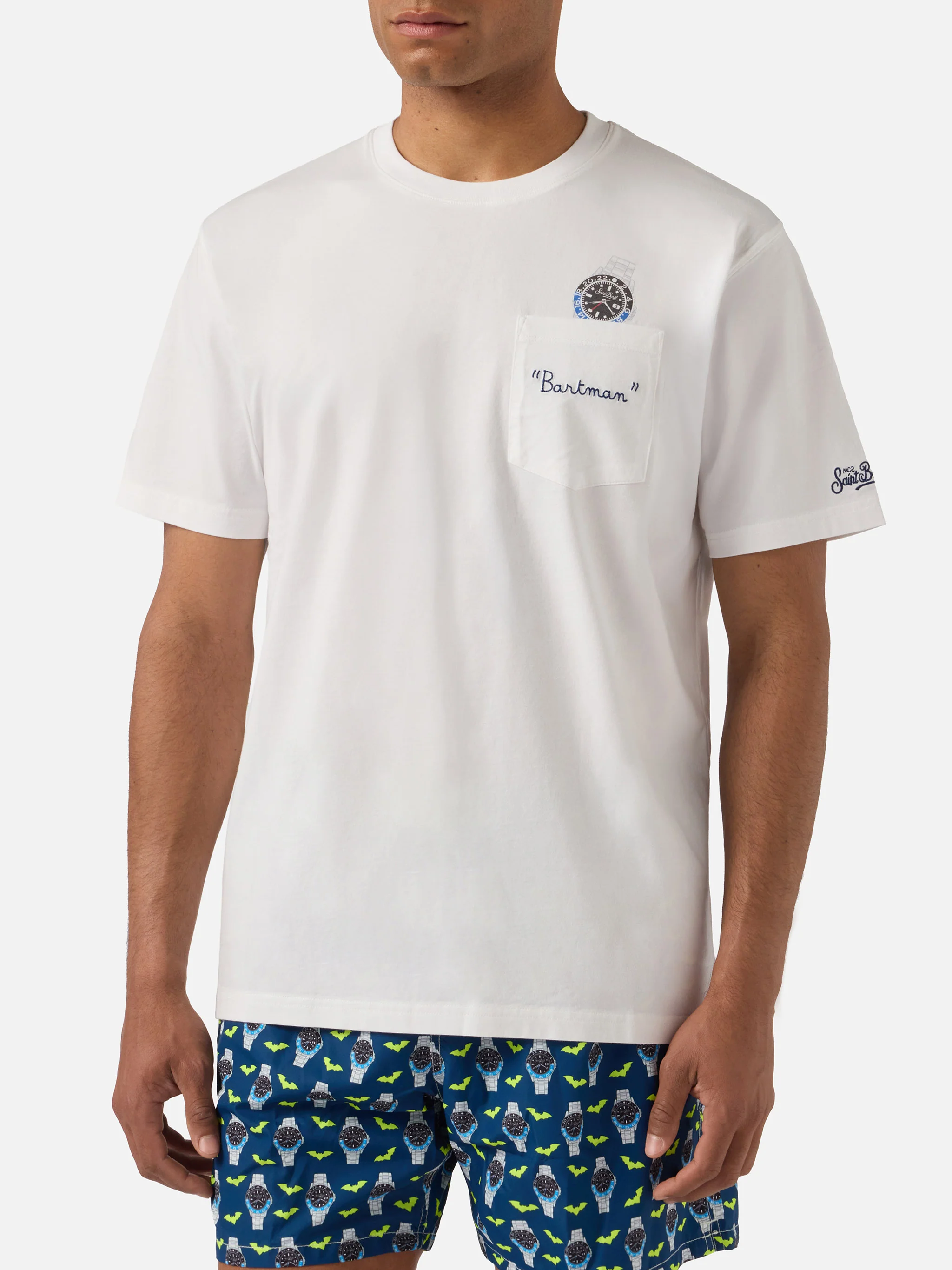 White Austin t-shirt with watch and Bartman embroidery - Image 3