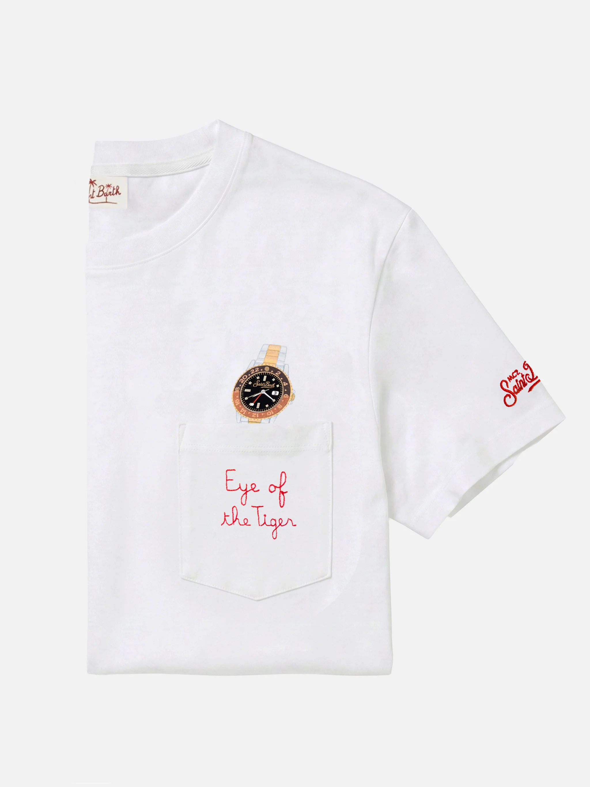 White Austin t-shirt with watch and Eye Of The Tiger embroidery