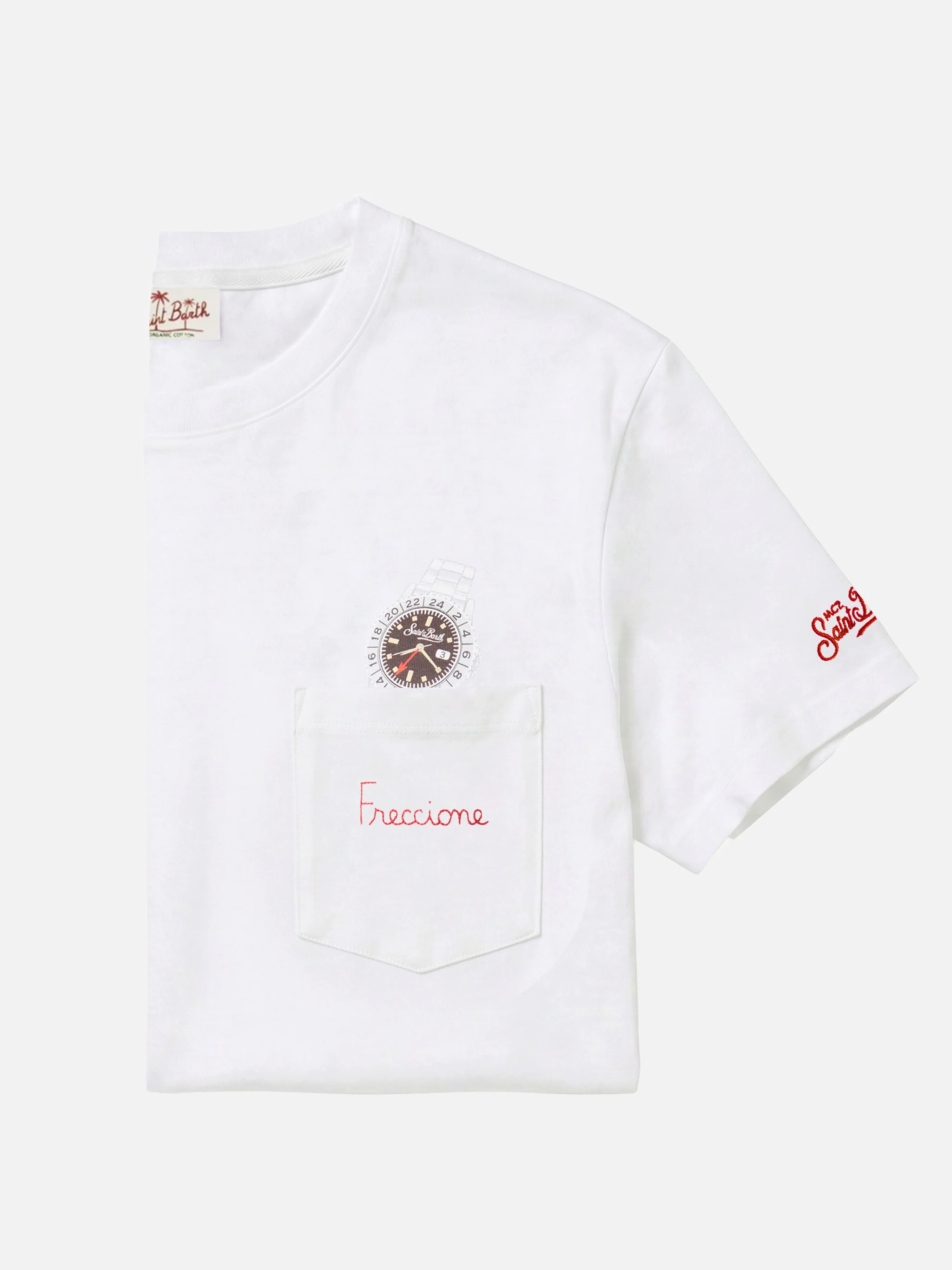 White Austin t-shirt with watch and Freccione embroidery