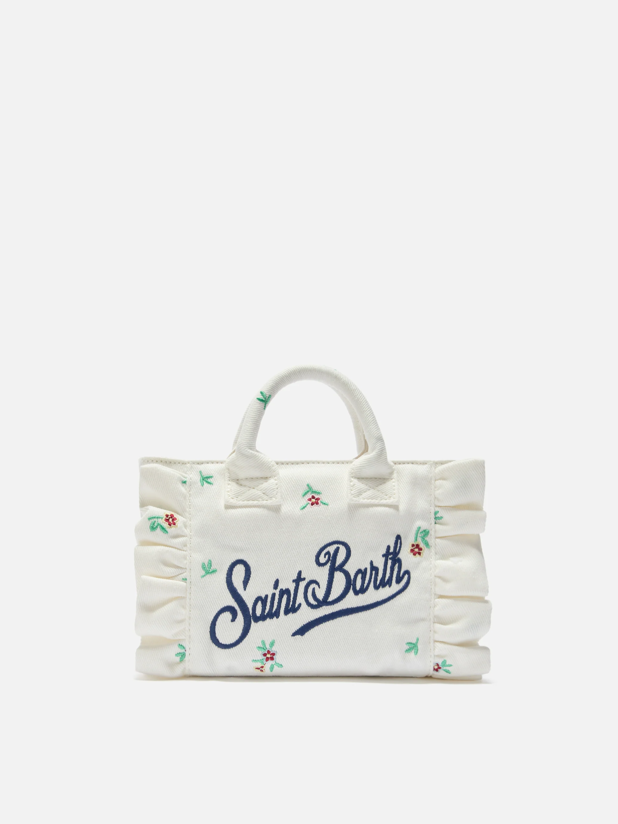 White denim Vanity mini volant bag with embroidered flowers