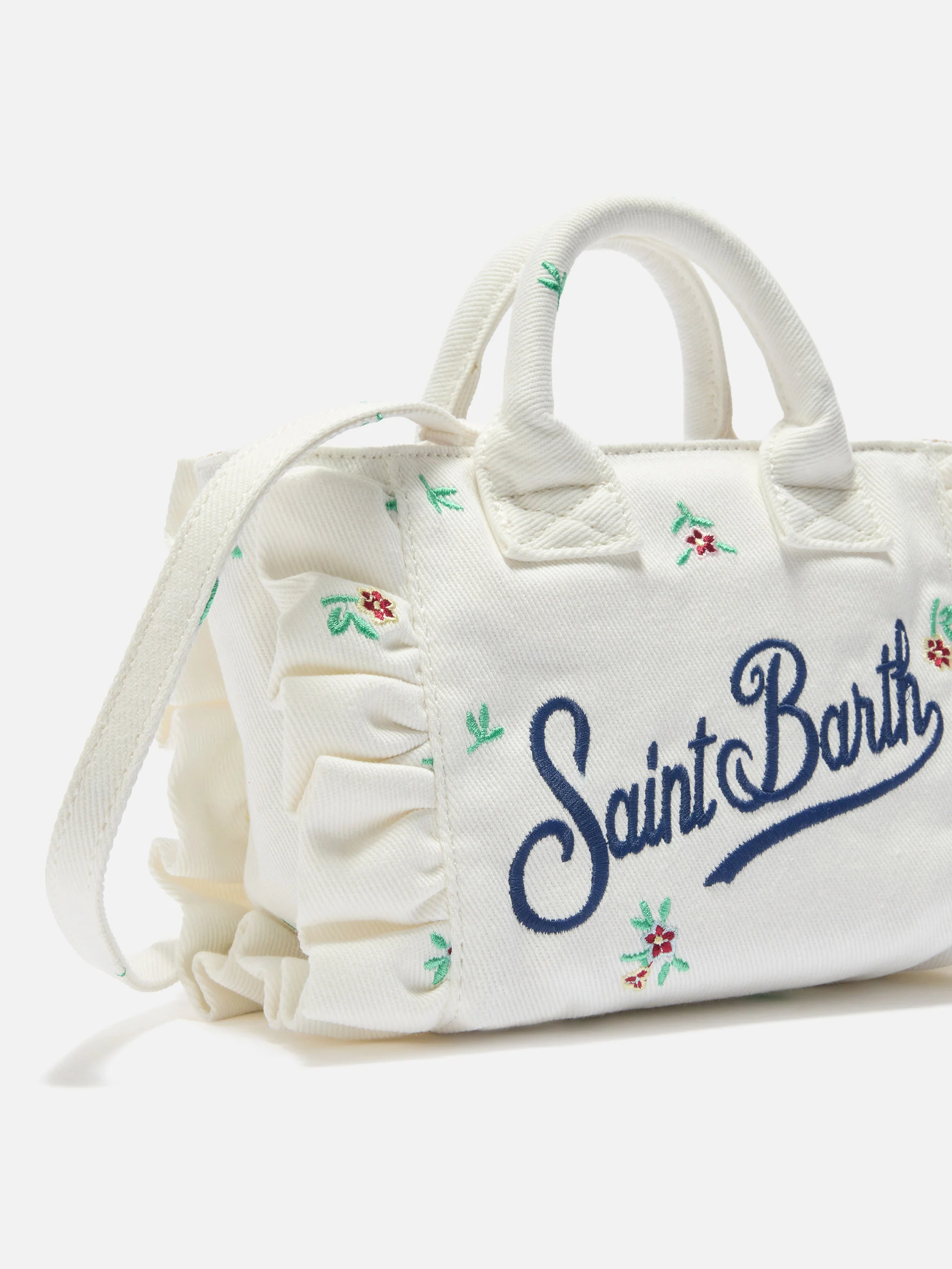 White denim Vanity mini volant bag with embroidered flowers - Image 3