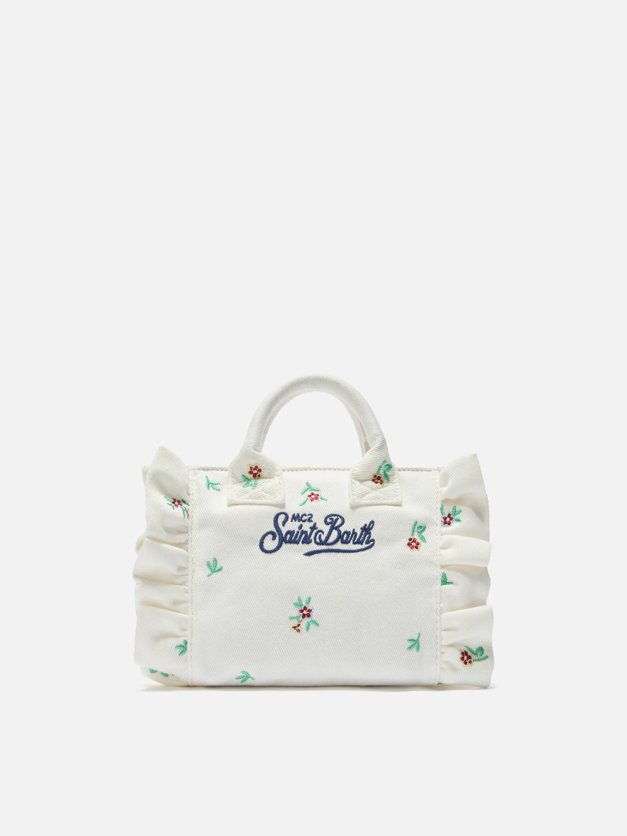 White denim Vanity mini volant bag with embroidered flowers - Image 4