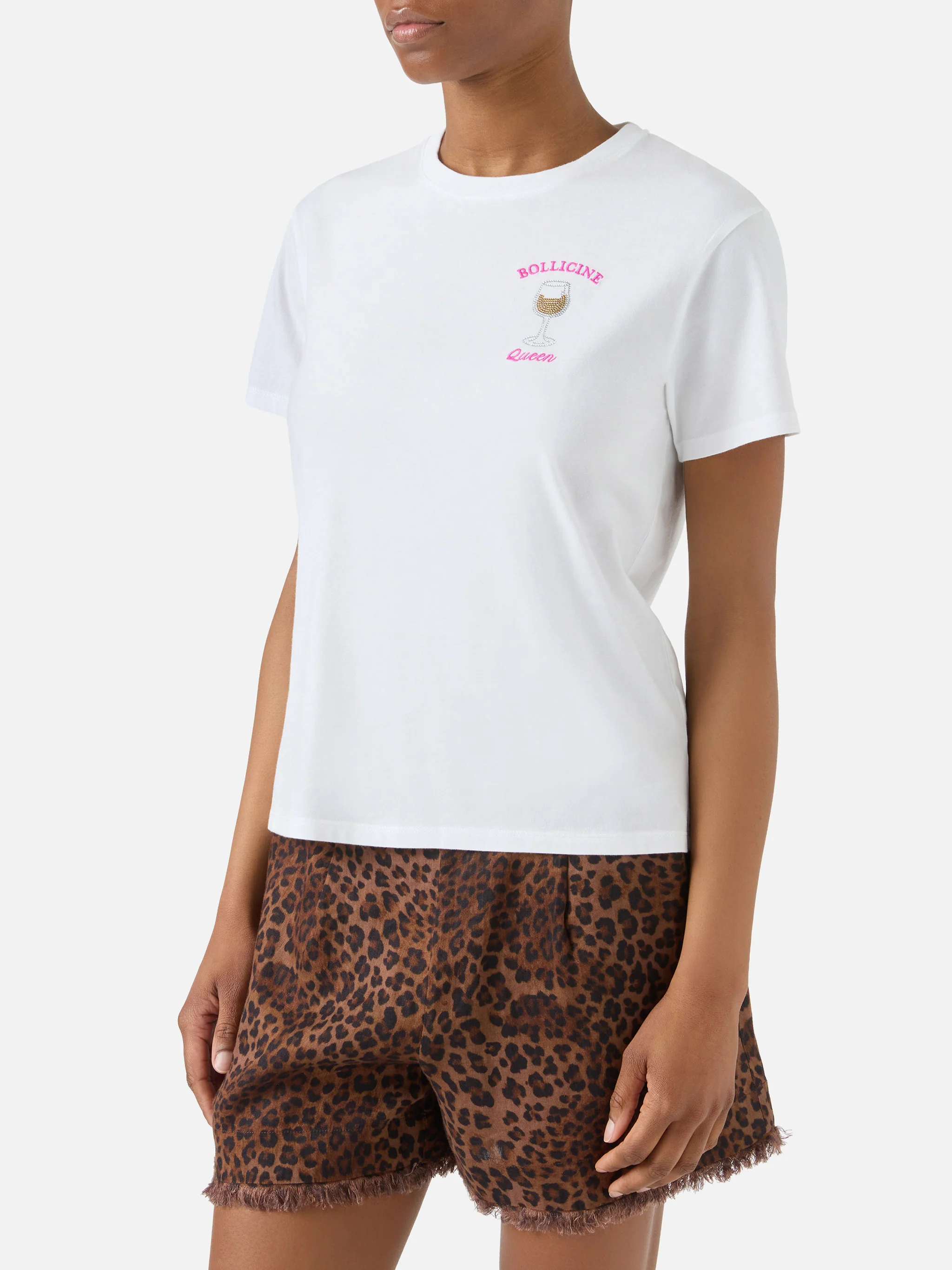 White Emilie T-shirt with Bollicine Queen embroidery and rhinestones - Image 2
