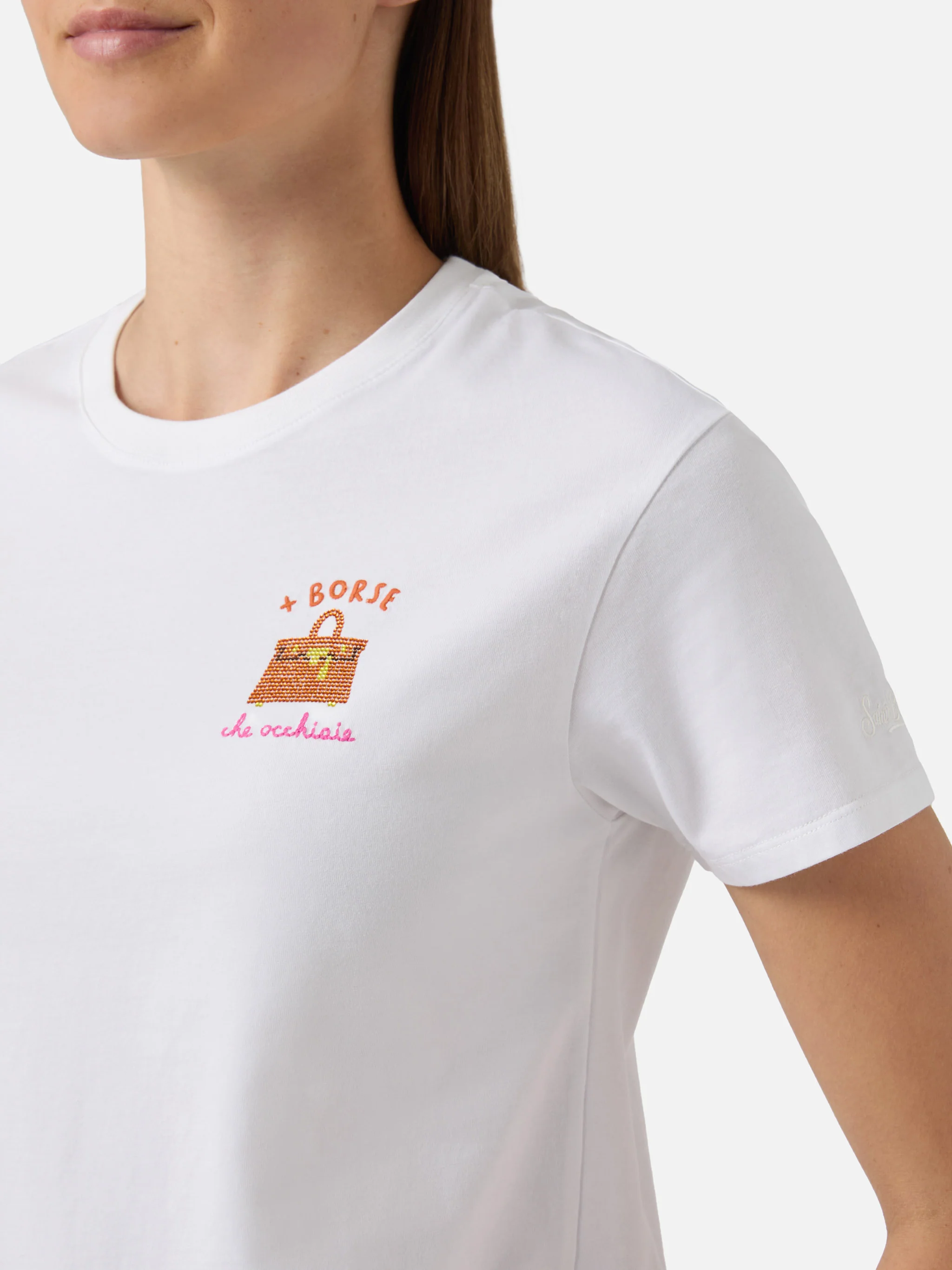 White Emilie T-shirt with + Borse che occhiaie embroidery and rhinestones