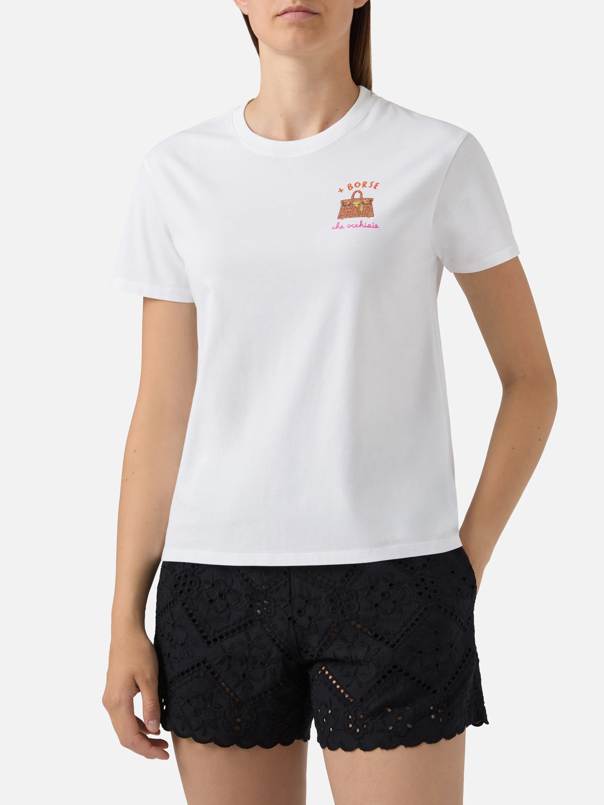 White Emilie T-shirt with + Borse che occhiaie embroidery and rhinestones - Image 2