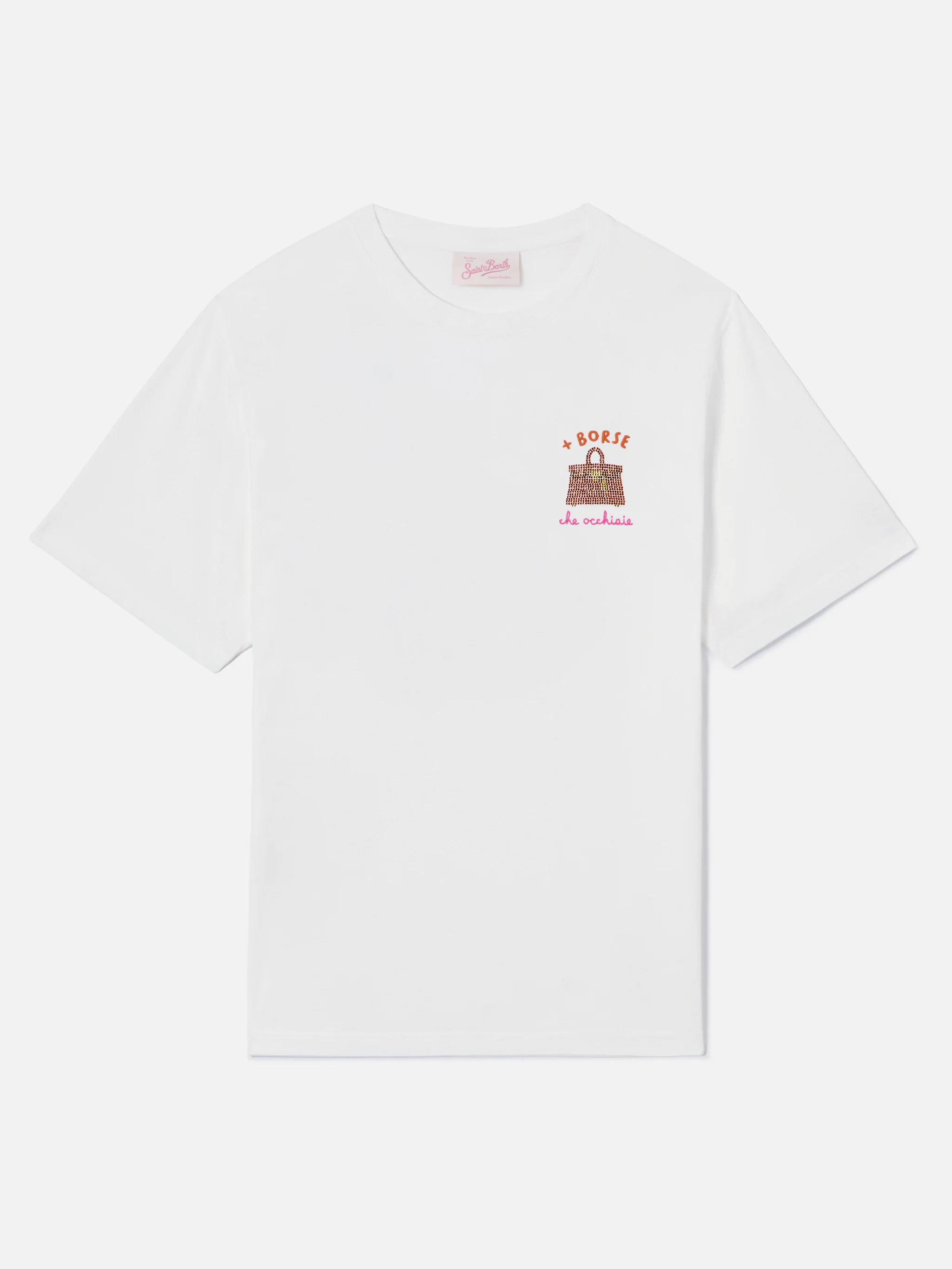 White Emilie T-shirt with + Borse che occhiaie embroidery and rhinestones - Image 4