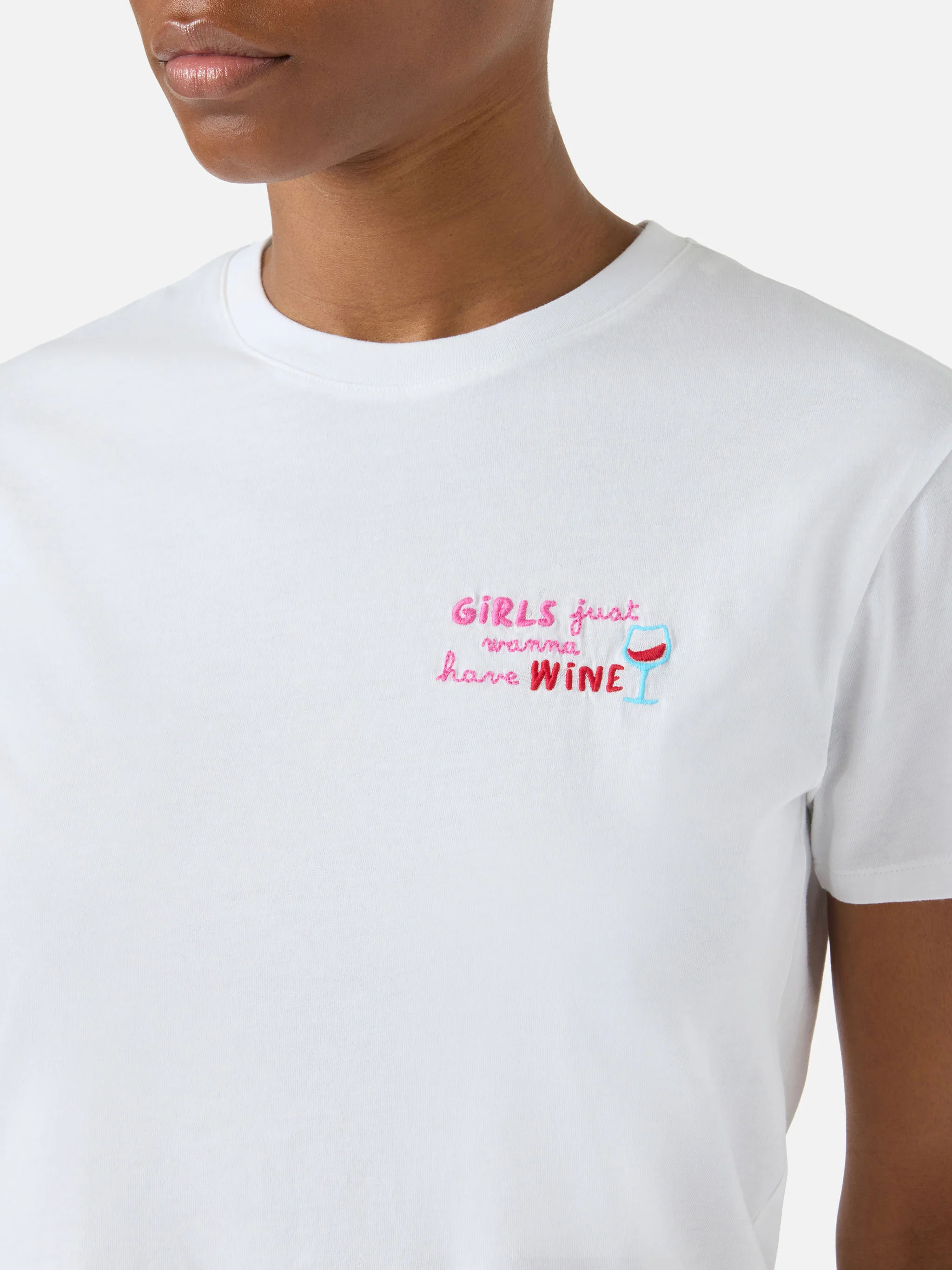 White Emilie T-shirt with Girls Just Wanna Have Wine embroidery