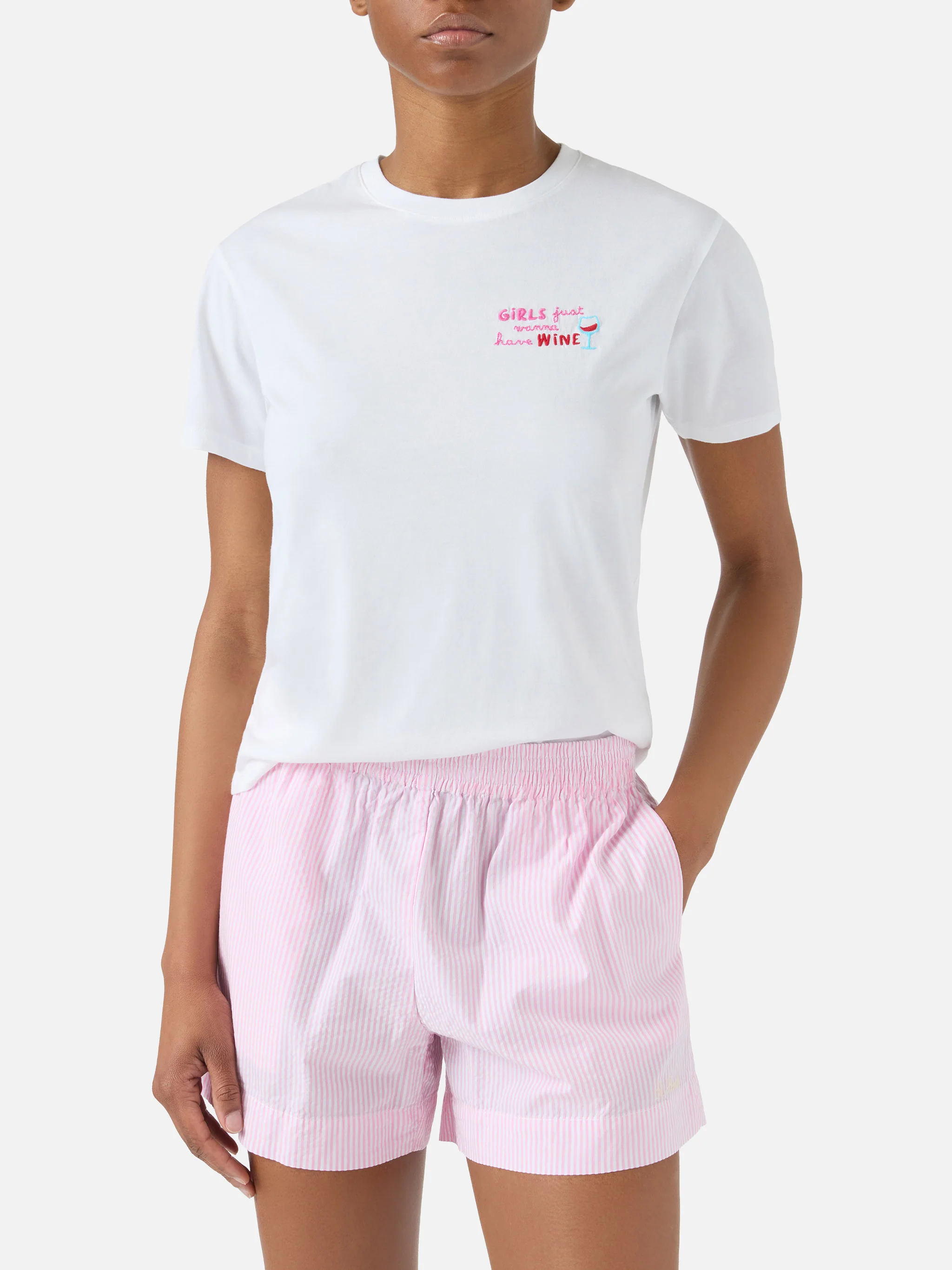 White Emilie T-shirt with Girls Just Wanna Have Wine embroidery - Image 2