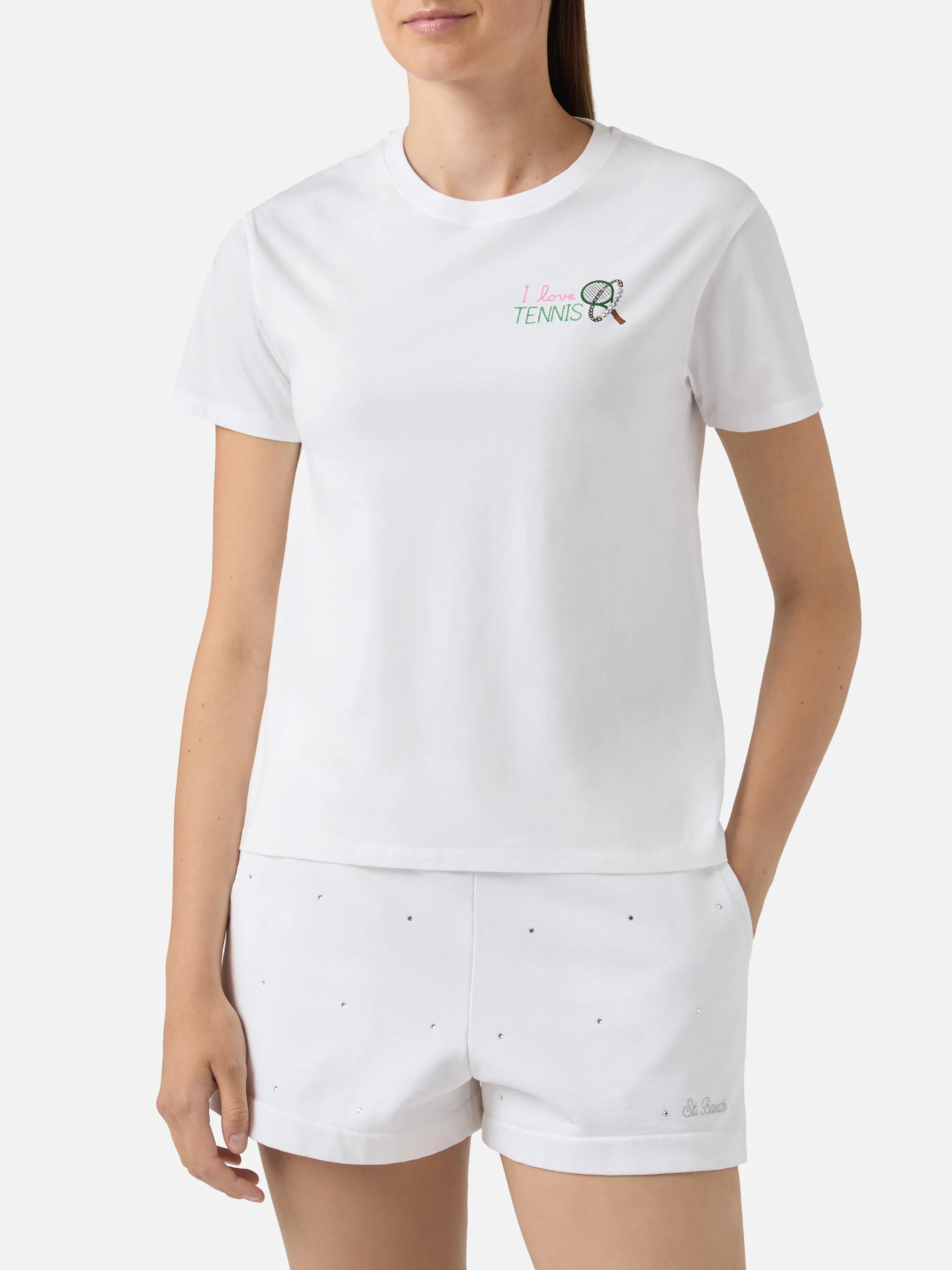 White Emilie T-shirt with I Love Tennis embroidery and rhinestones - Image 2