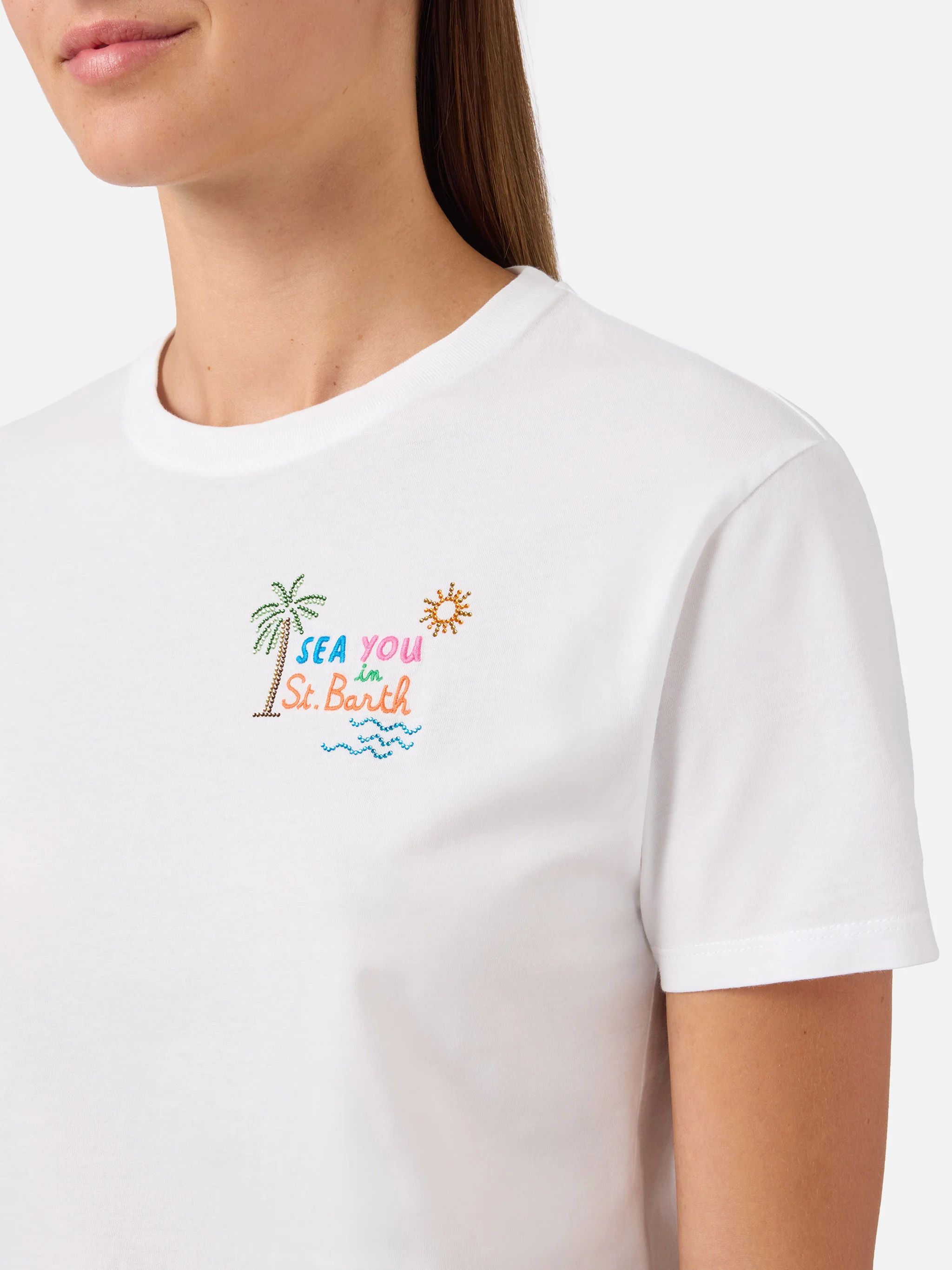 White Emilie T-shirt with Sea You in St. Barth embroidery and rhinestones
