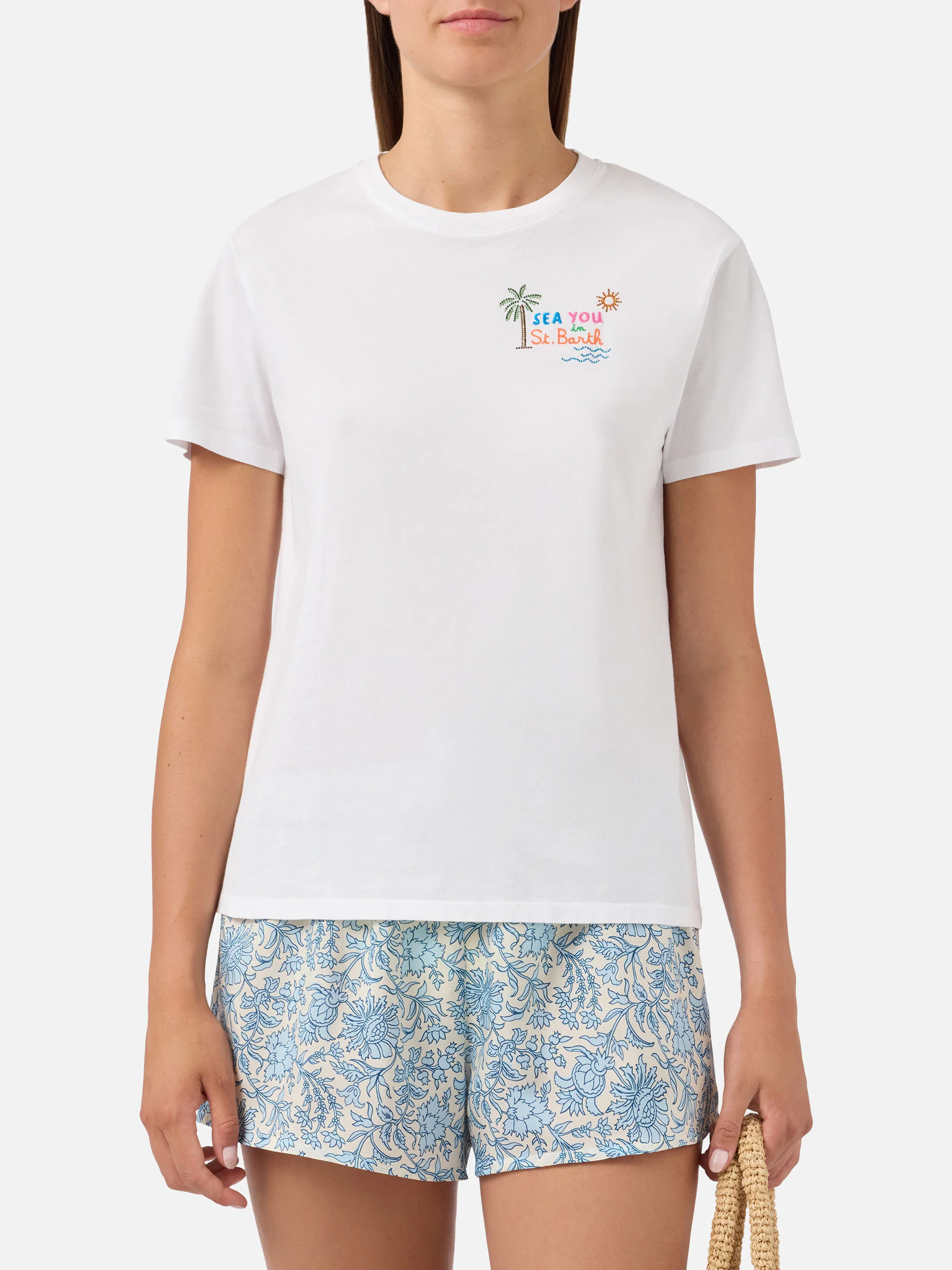 White Emilie T-shirt with Sea You in St. Barth embroidery and rhinestones - Image 3