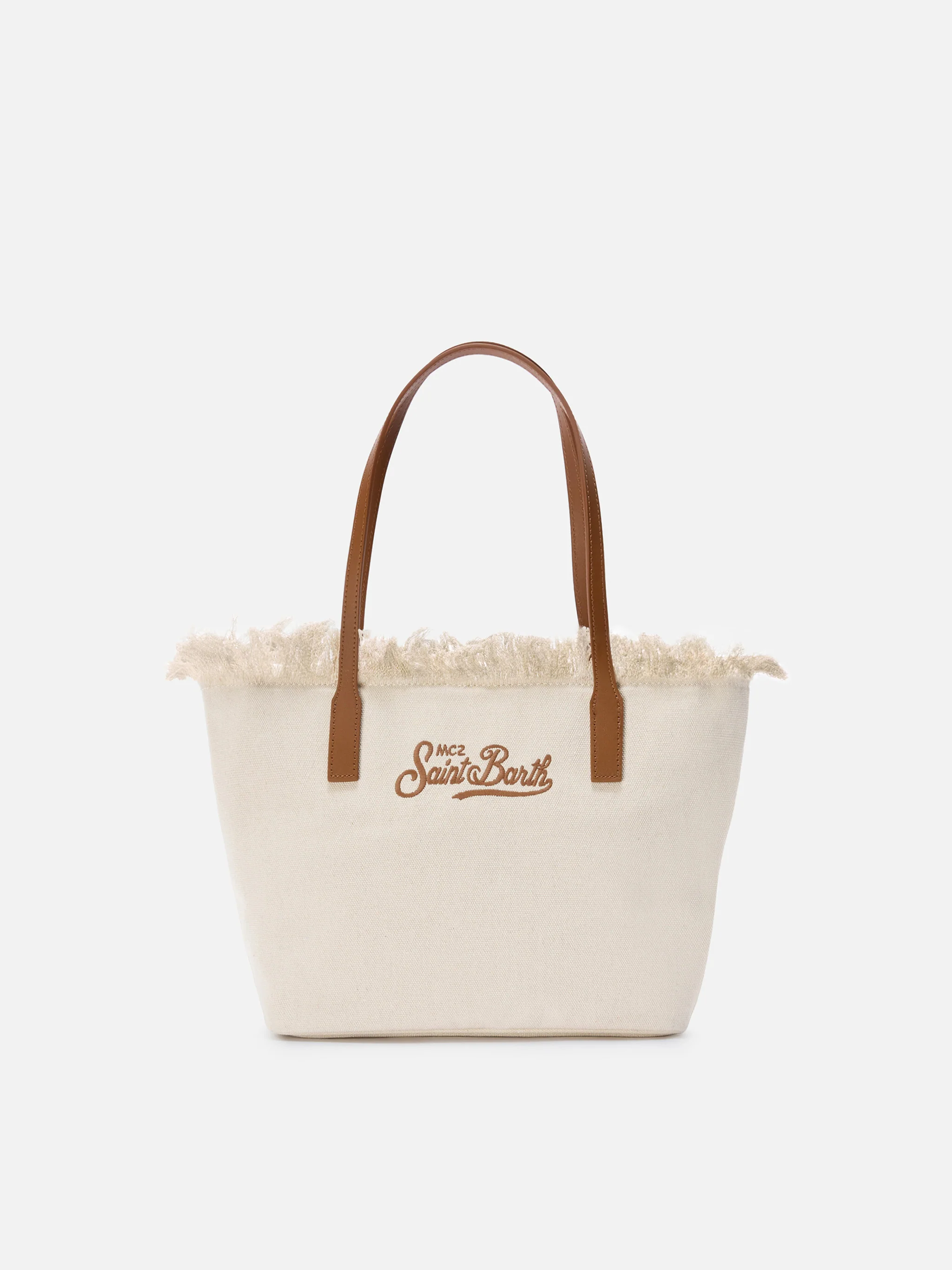 White medium City canvas shopper bag with fringes