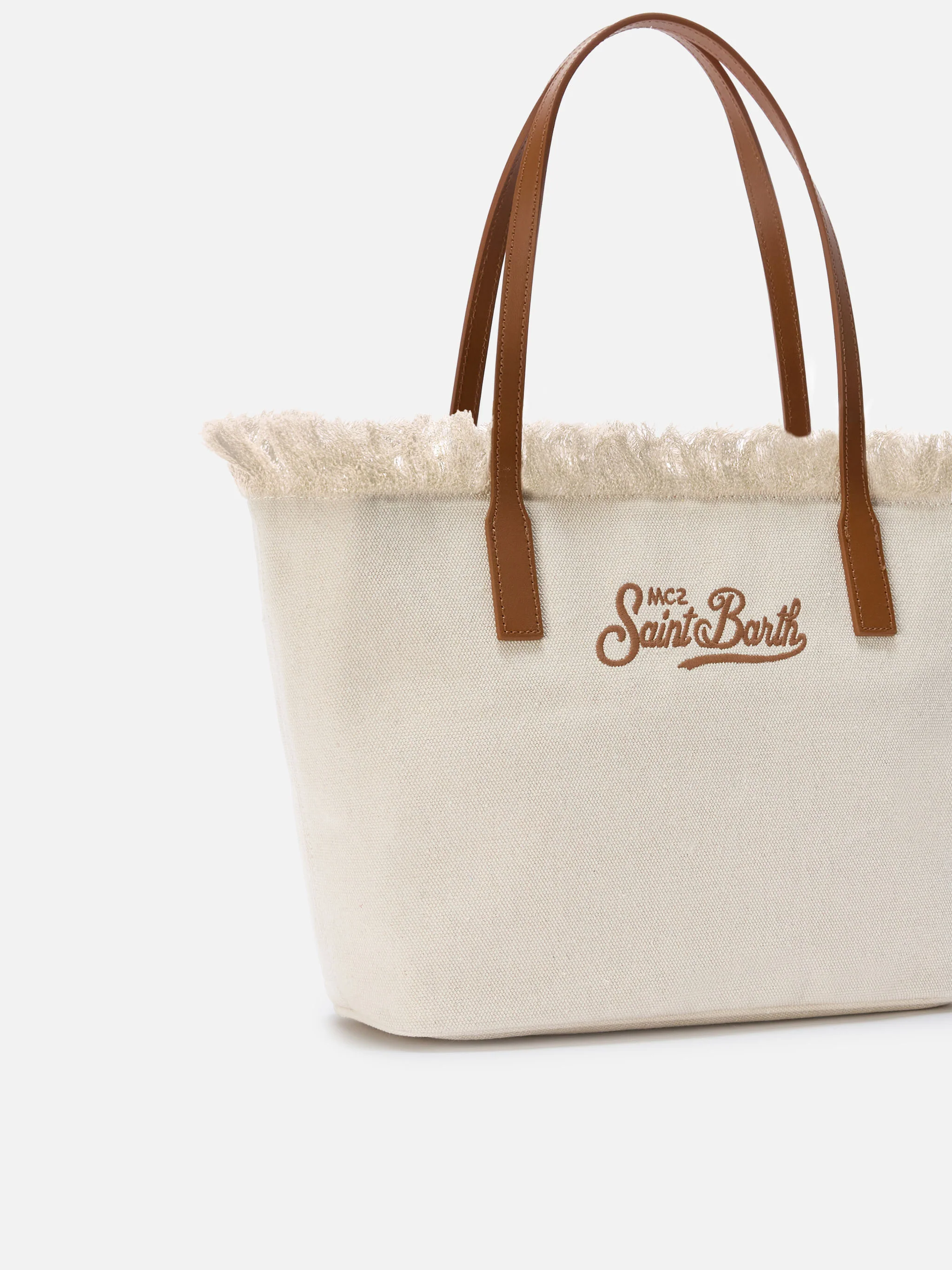 White medium City canvas shopper bag with fringes - Image 3
