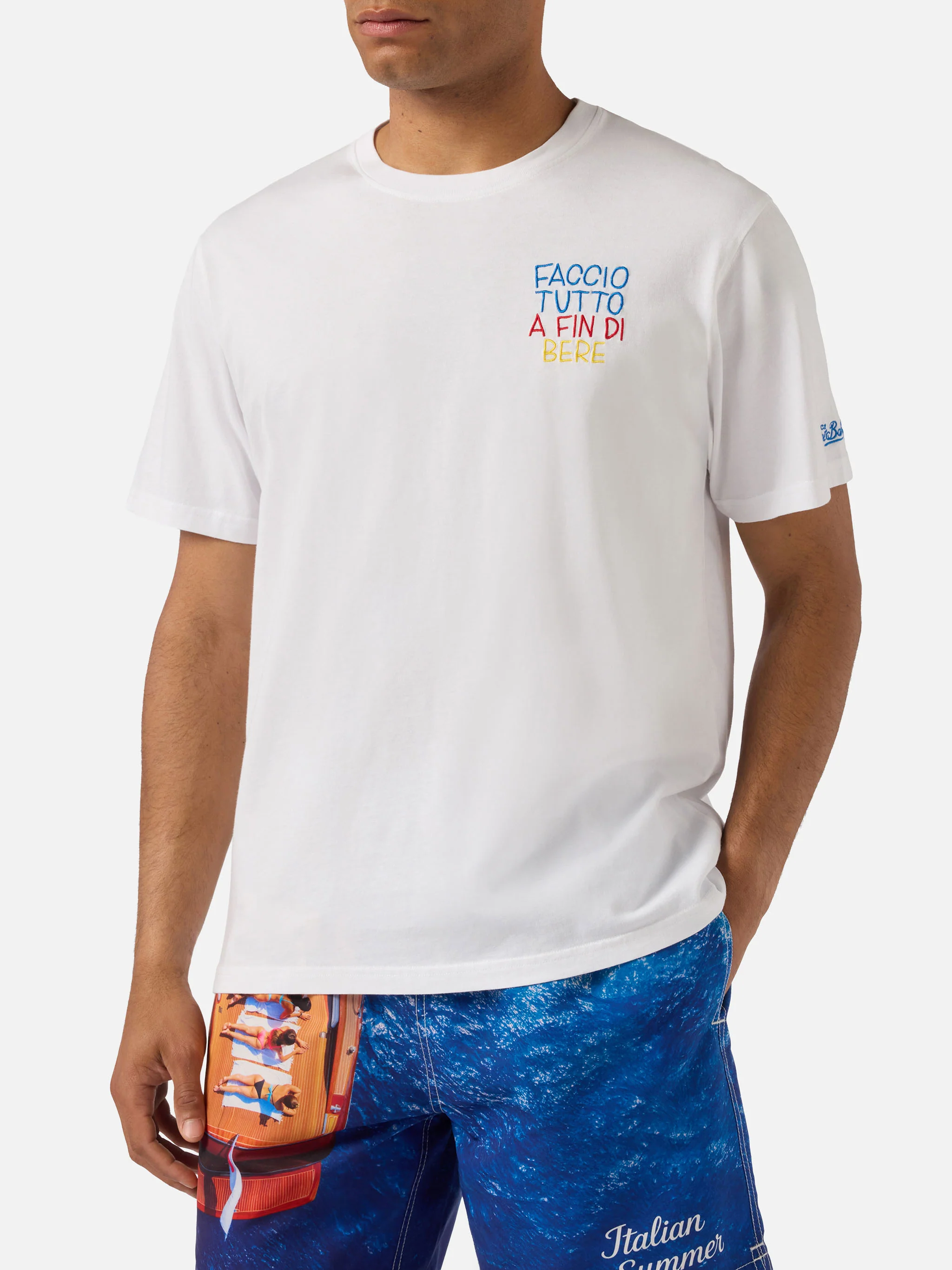 White Portofino T-shirt with Faccio Tutto A Fin Di Bere embroidery | Special Edition - Image 3