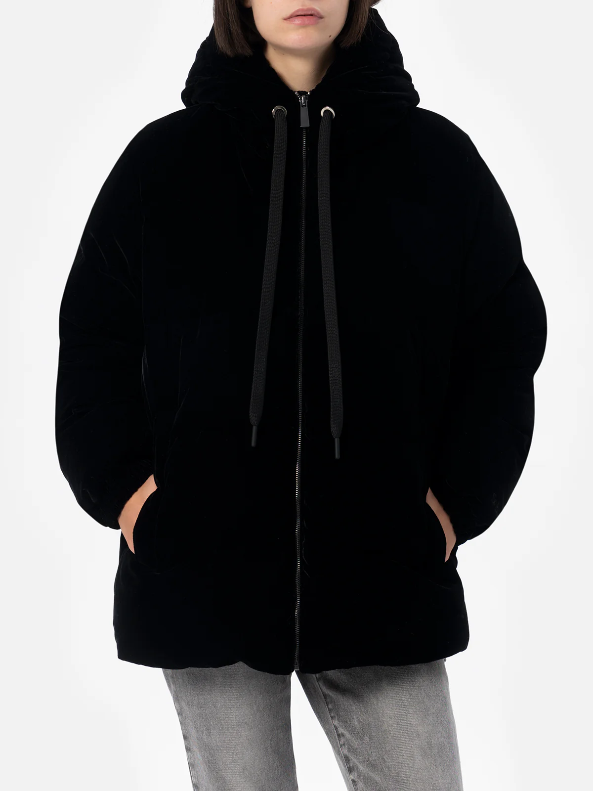 Geneve black velvet hooded down jacket