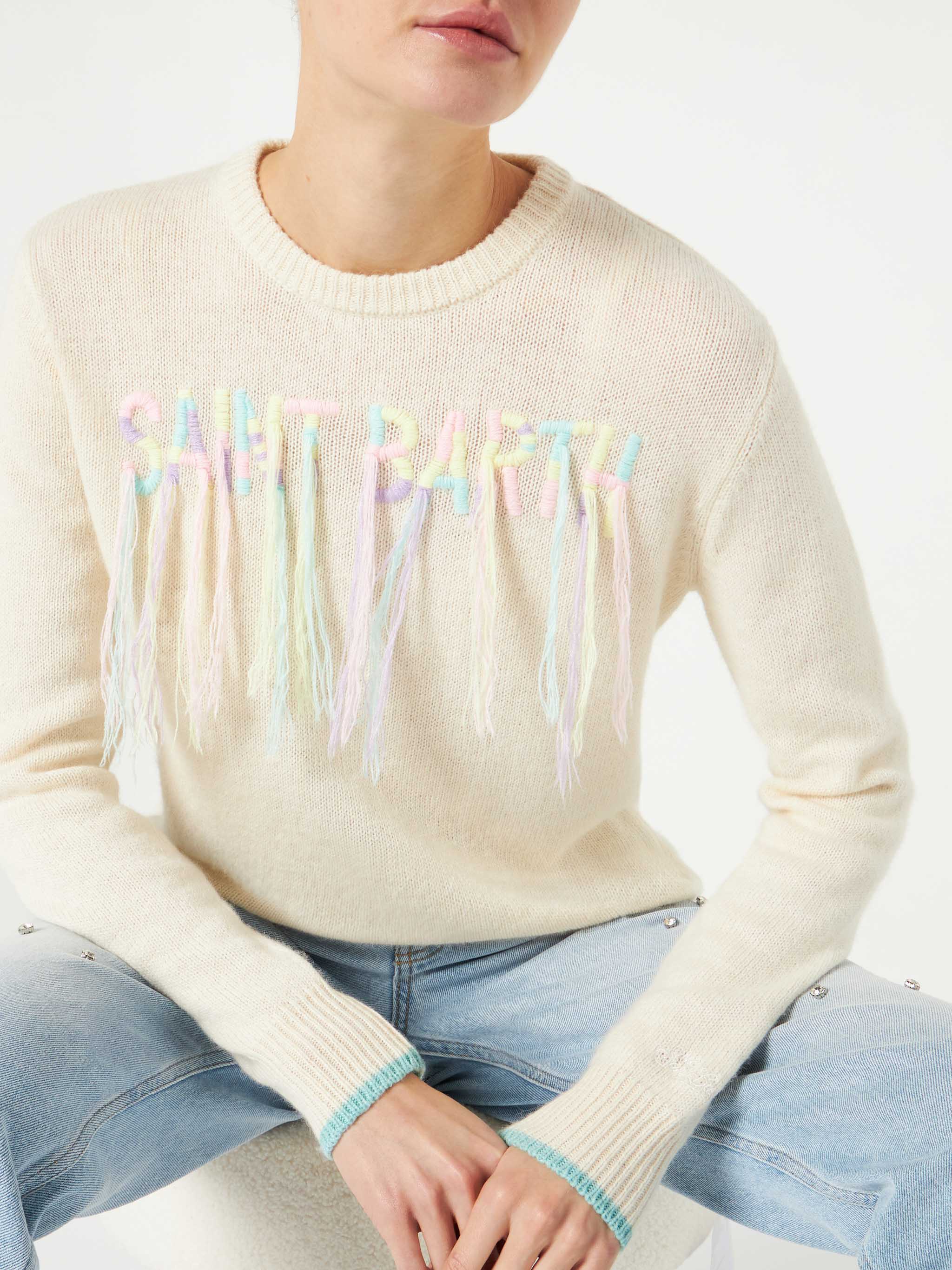 Brushed crewneck with Saint Barth fringed embroidery - Image 2