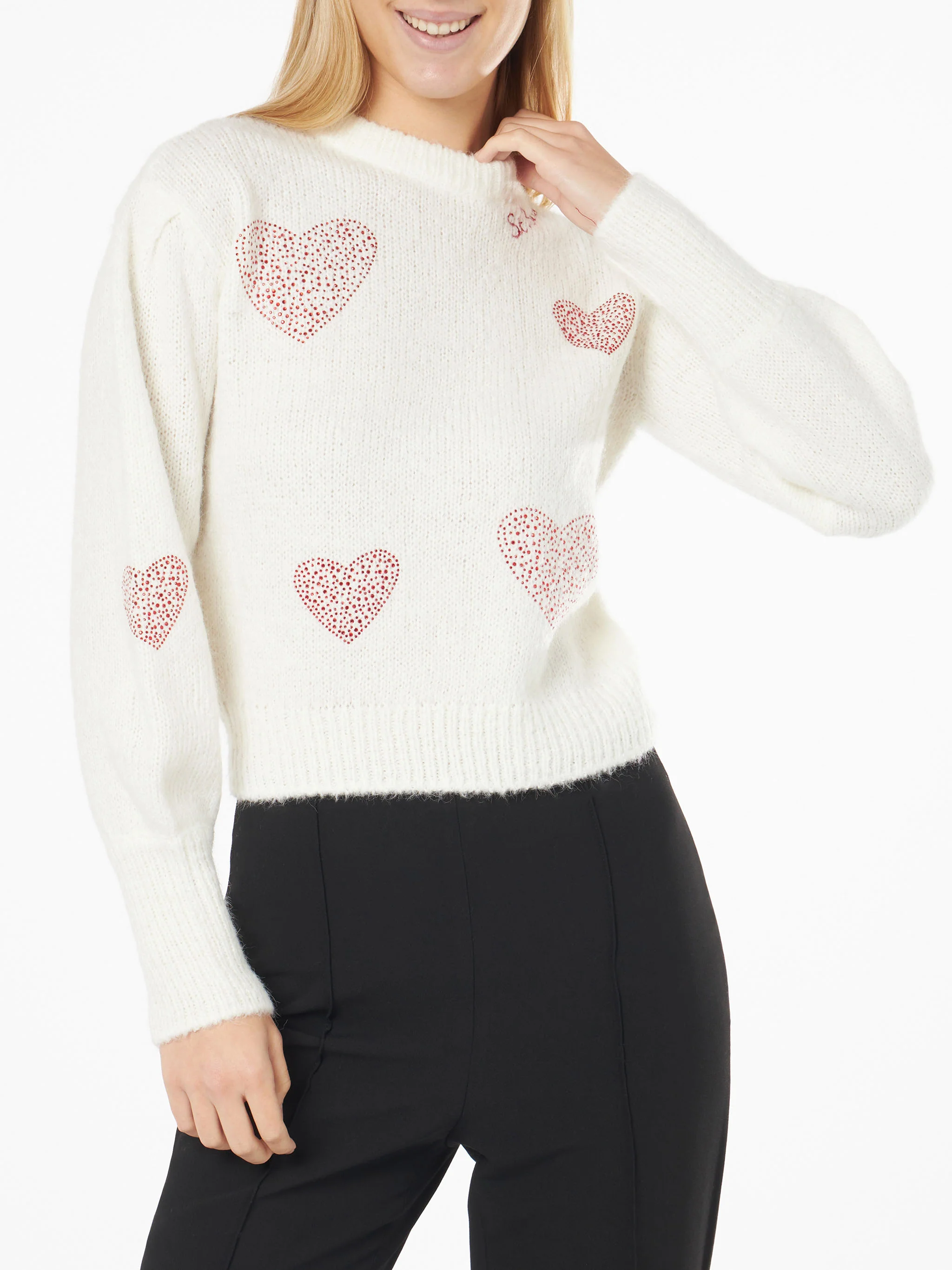 Bloom Soft white brushed sweater with red rhinestone hearts