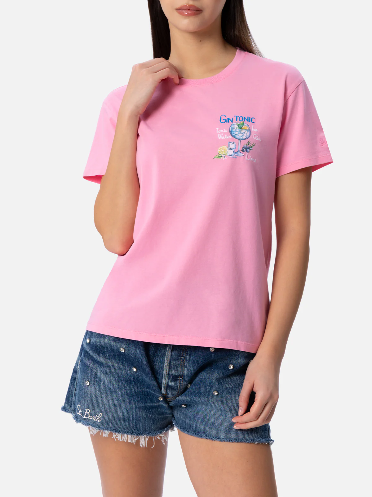 Cotton jersey t-shirt Emilie with Gin Tonic cocktail embroidery - Image 2