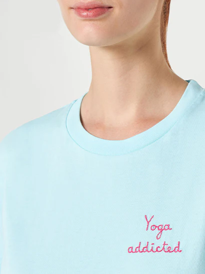 Emilie water green cotton t-shirt with Yoga addicted embroidery