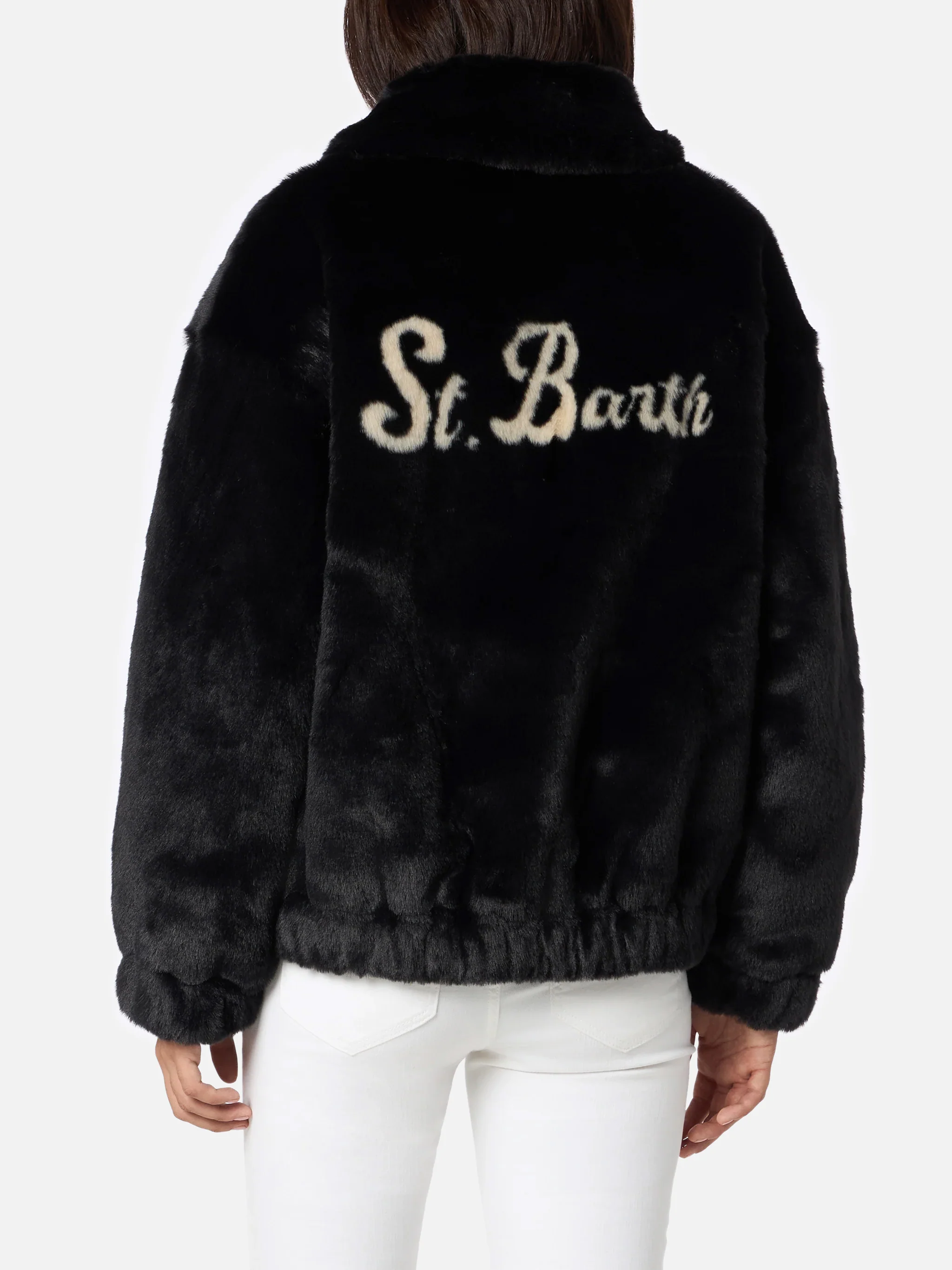 Aveline faux fur bomber with Saint Barth print