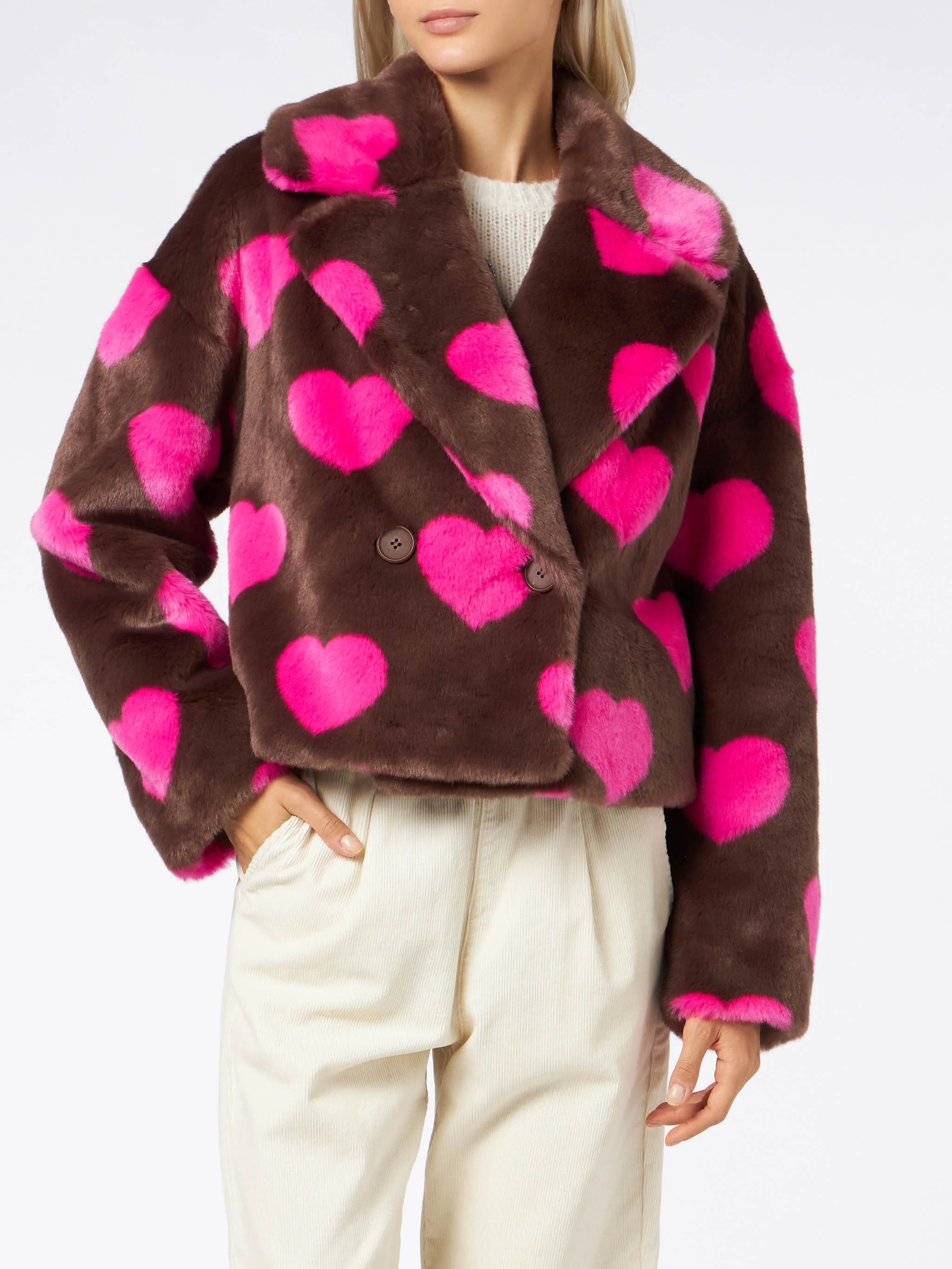 Emelyn short faux fur jacket with heart print