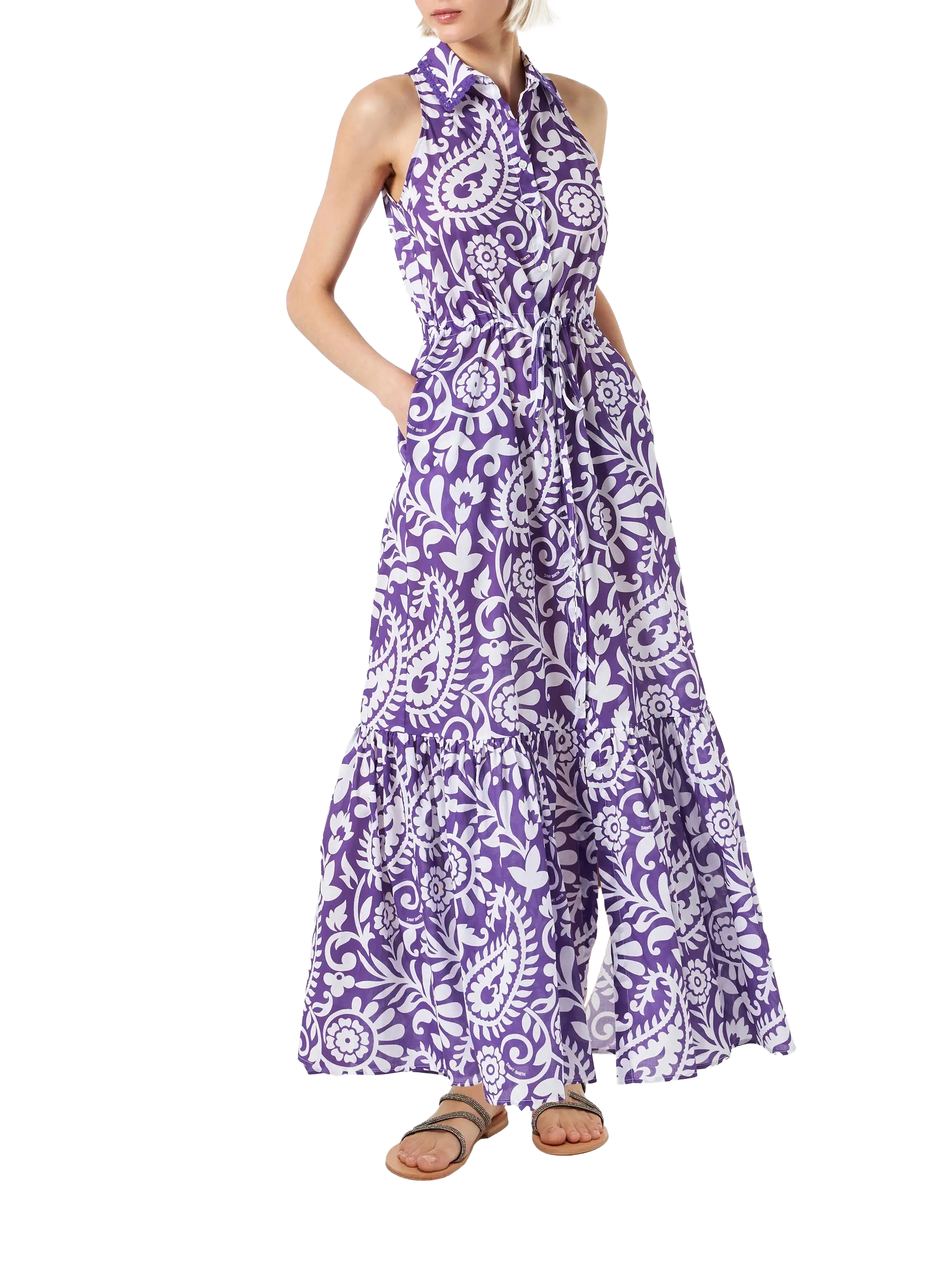 Purple Ida cotton long dress with paisley print