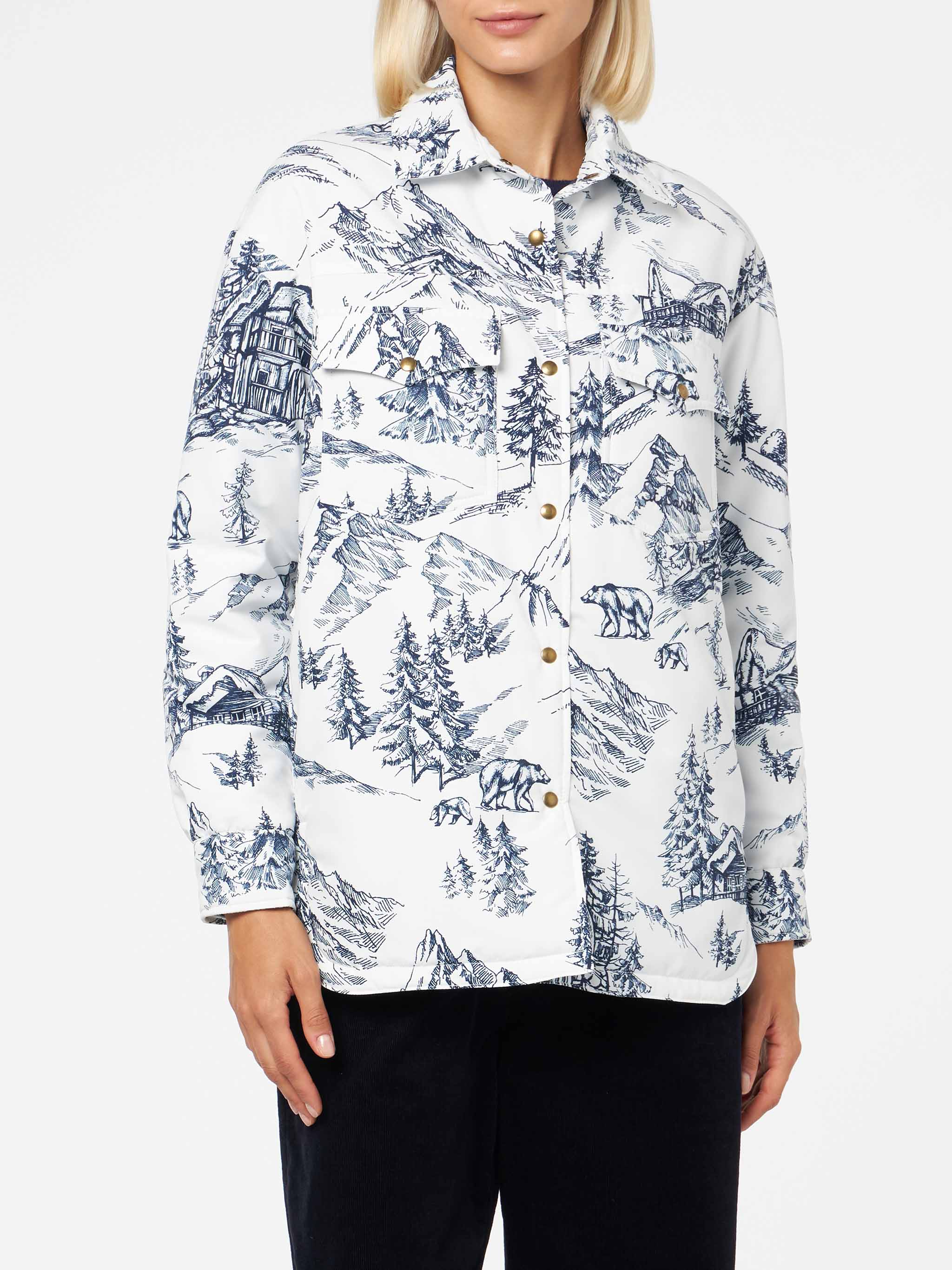 Kimmy lightweight quilted jacket with blue toile de jouy print