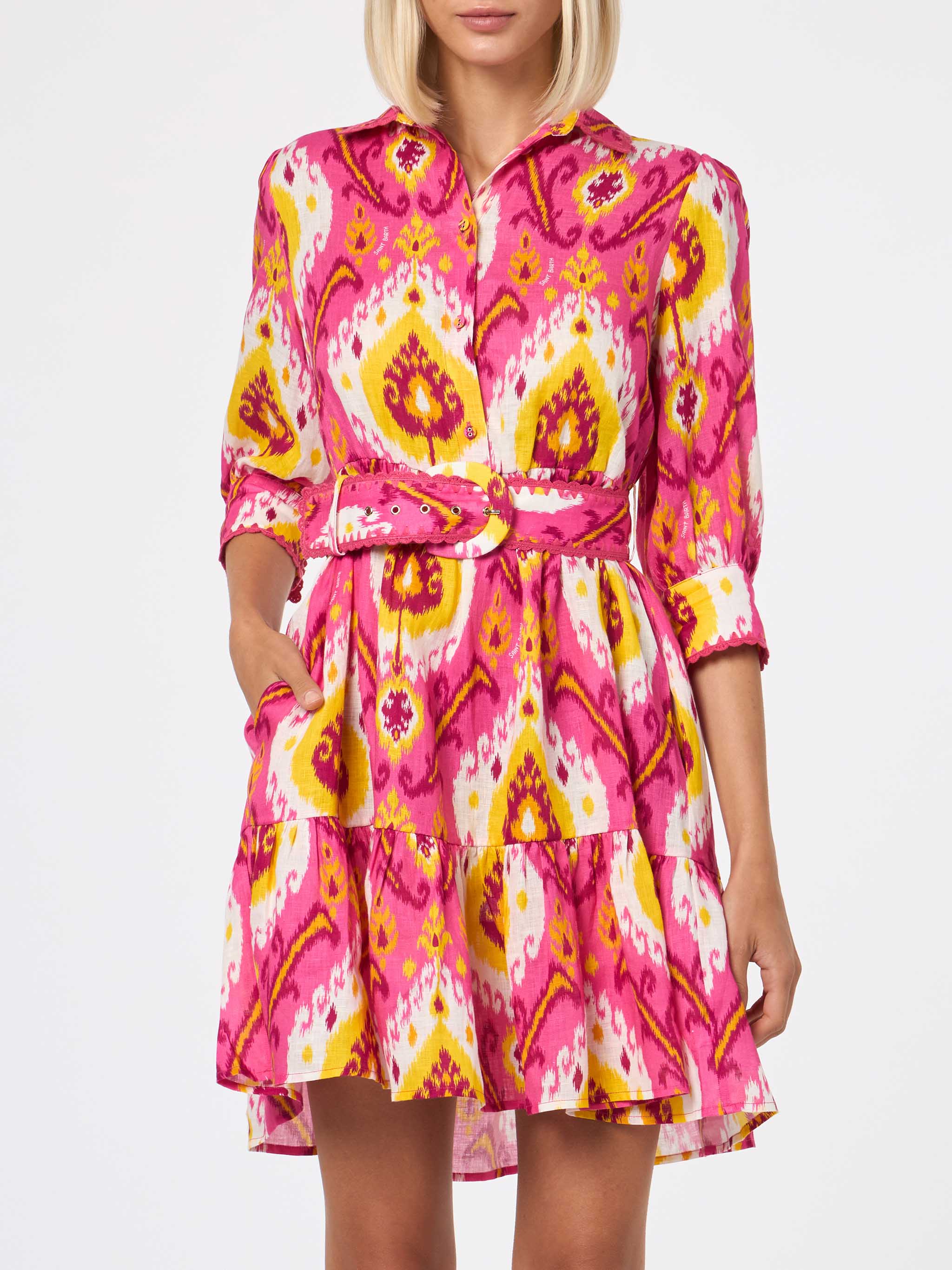 Fuchsia and yellow Daisi linen short dress with ikat print