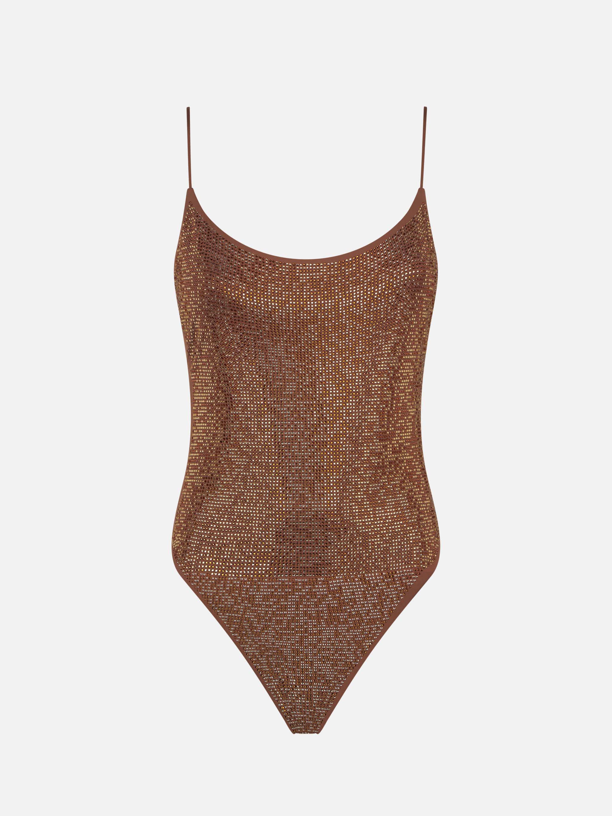 Cecille brown rhinestone one-piece swimsuit