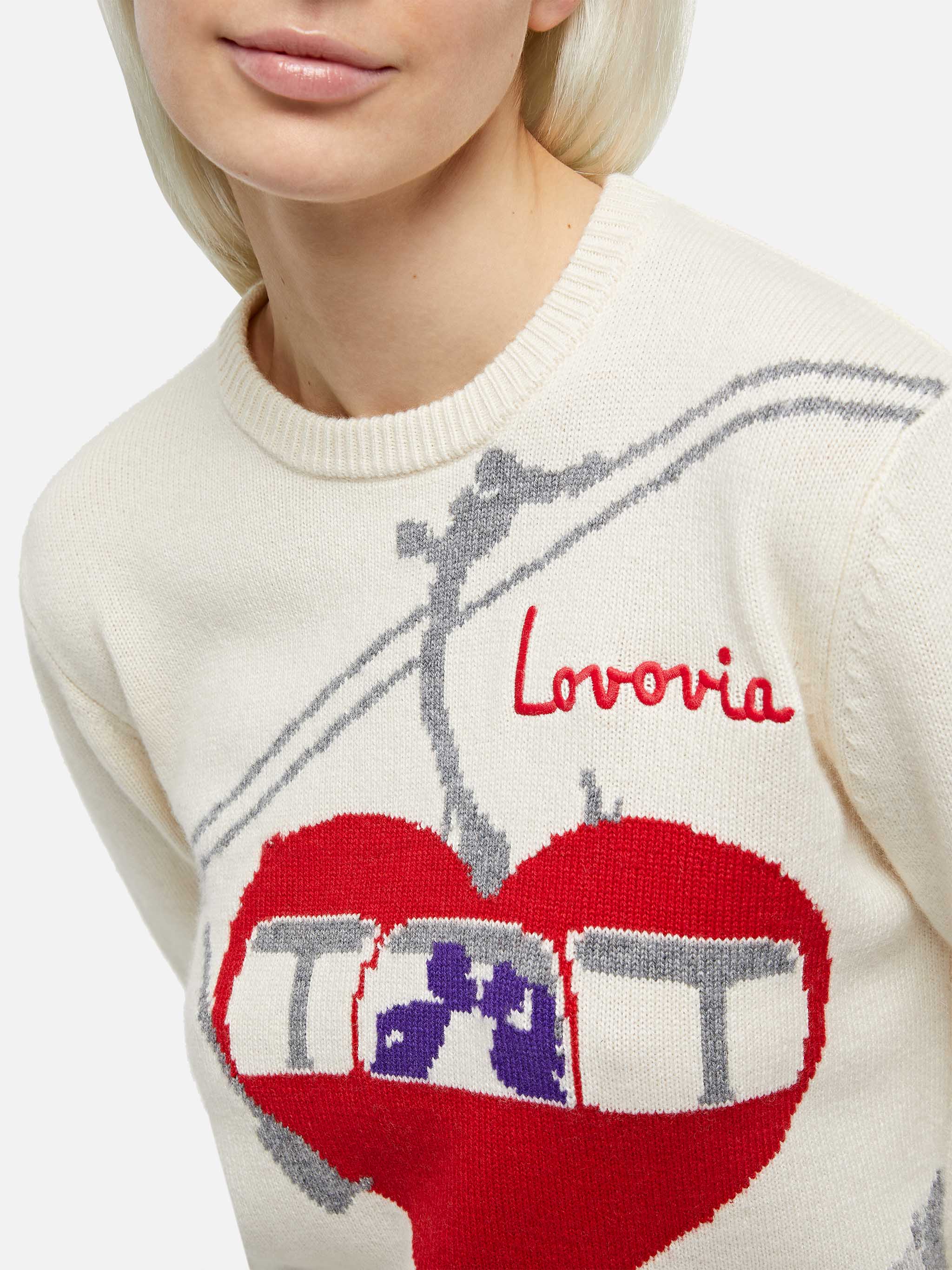 Woman white sweater New Queen with Lovovia postcard print and embroidery - Image 2