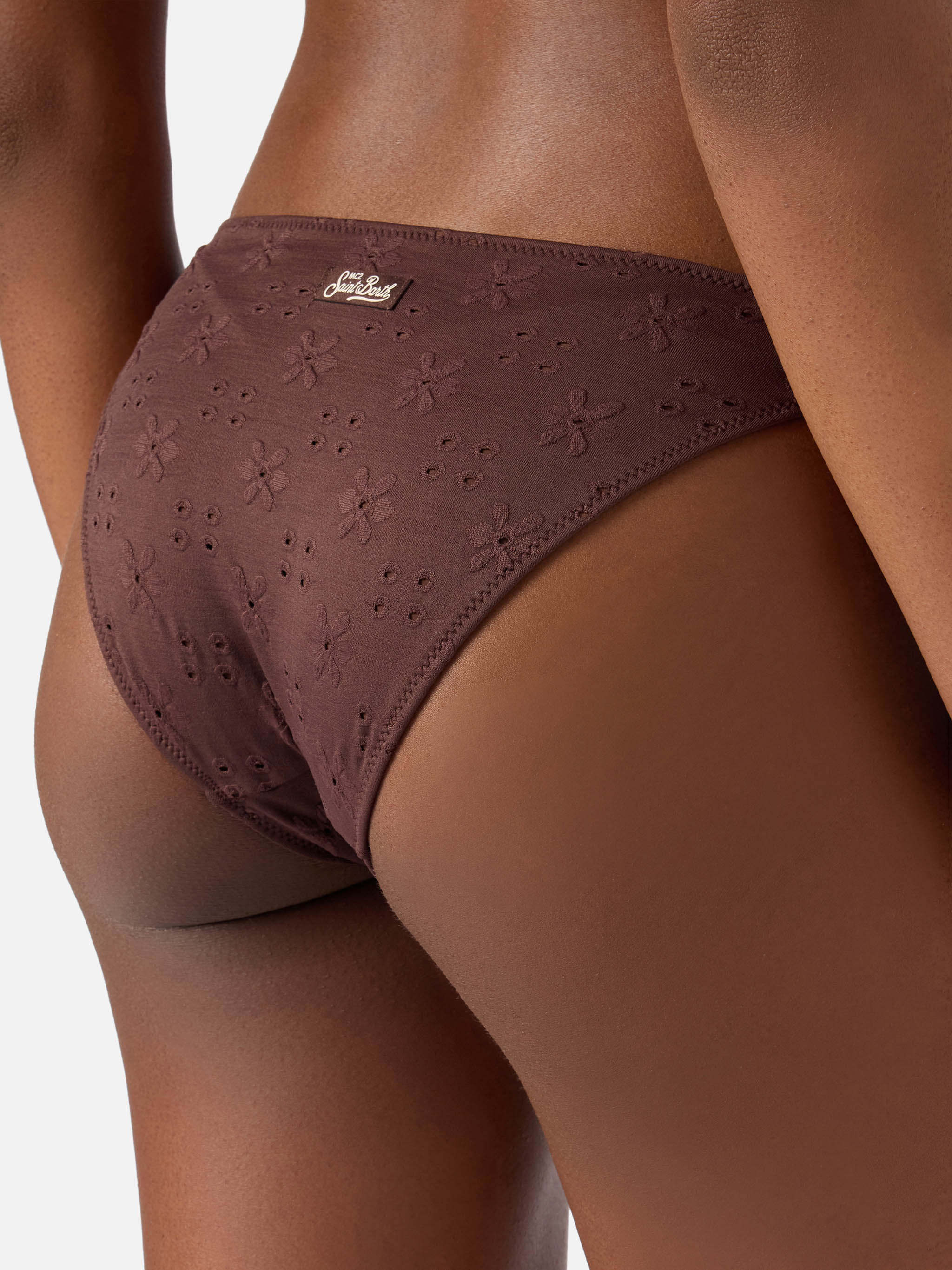Yali classic bikini bottoms in brown sangallo fabric with daisy embroidery - Image 2